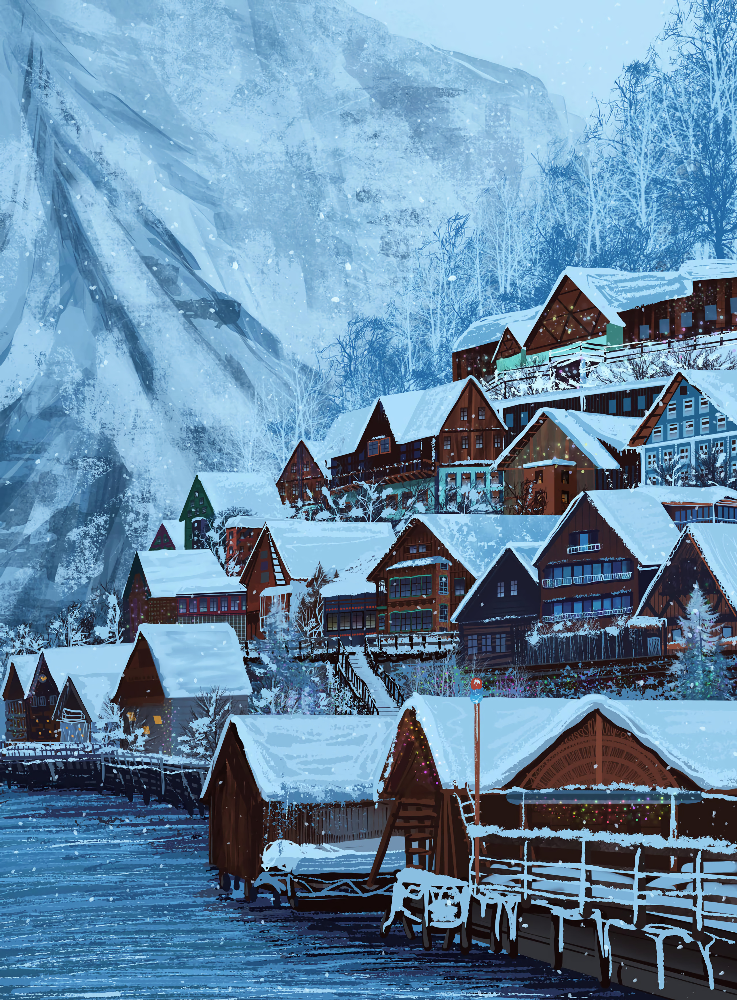 Laden Sie das Dorf, Häuser, Schnee, Kunst, Winter-Bild kostenlos auf Ihren PC-Desktop herunter