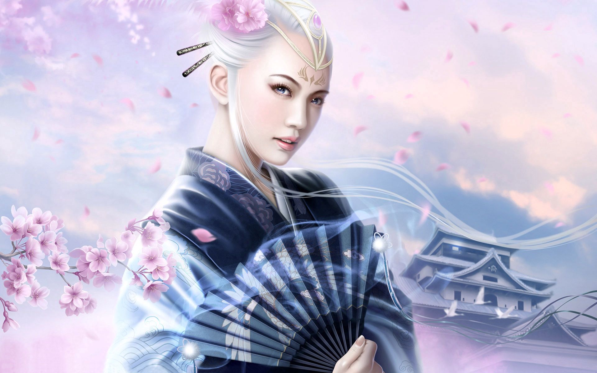 Laden Sie das Fantasie, Ventilator, Fan, Kimono, Mädchen, Sakura-Bild kostenlos auf Ihren PC-Desktop herunter