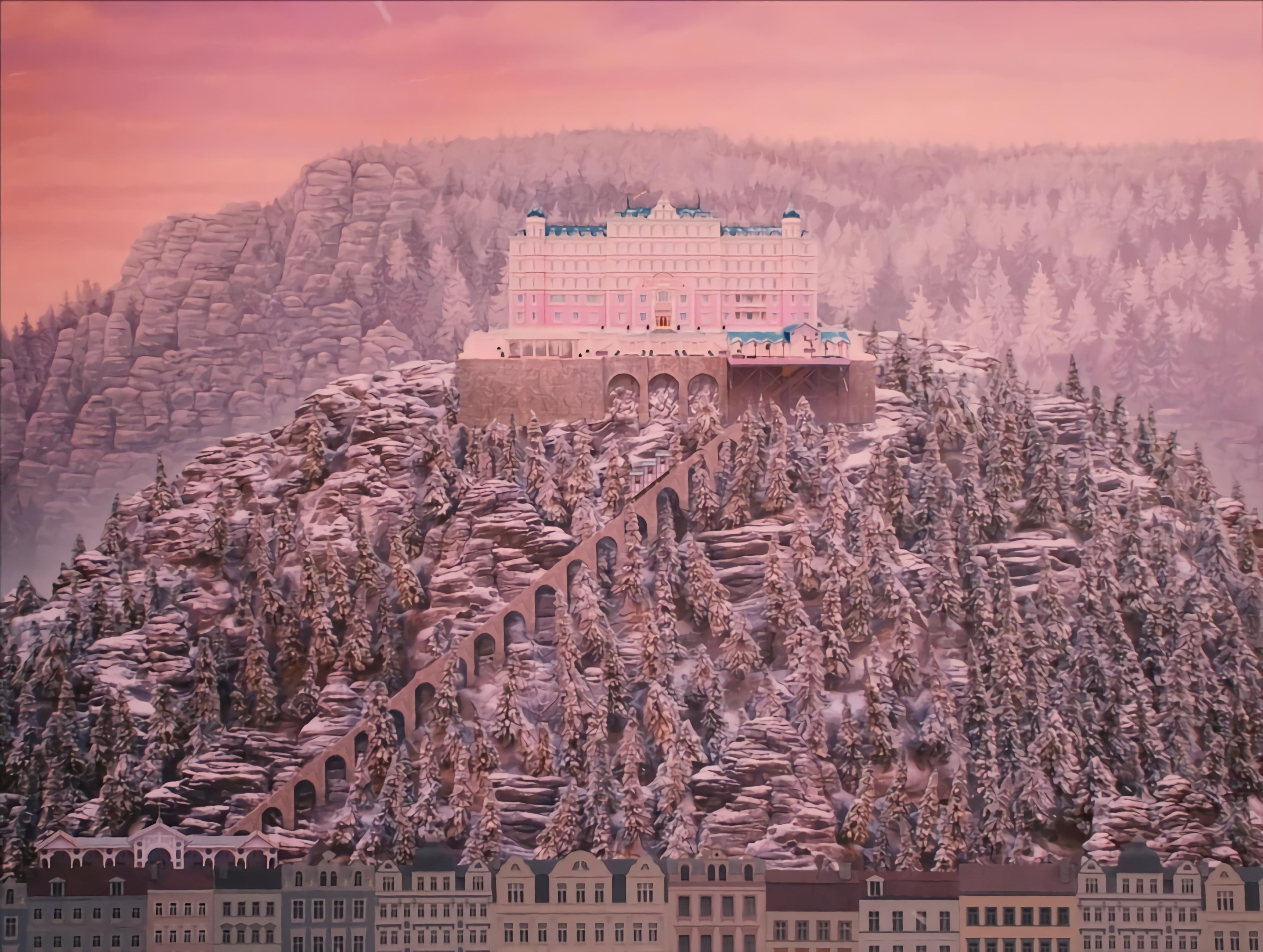 the grand budapest hotel, movie, hilltop, hotel, sunset