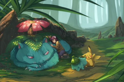 Venusaur in a green field with fireflies on Craiyon