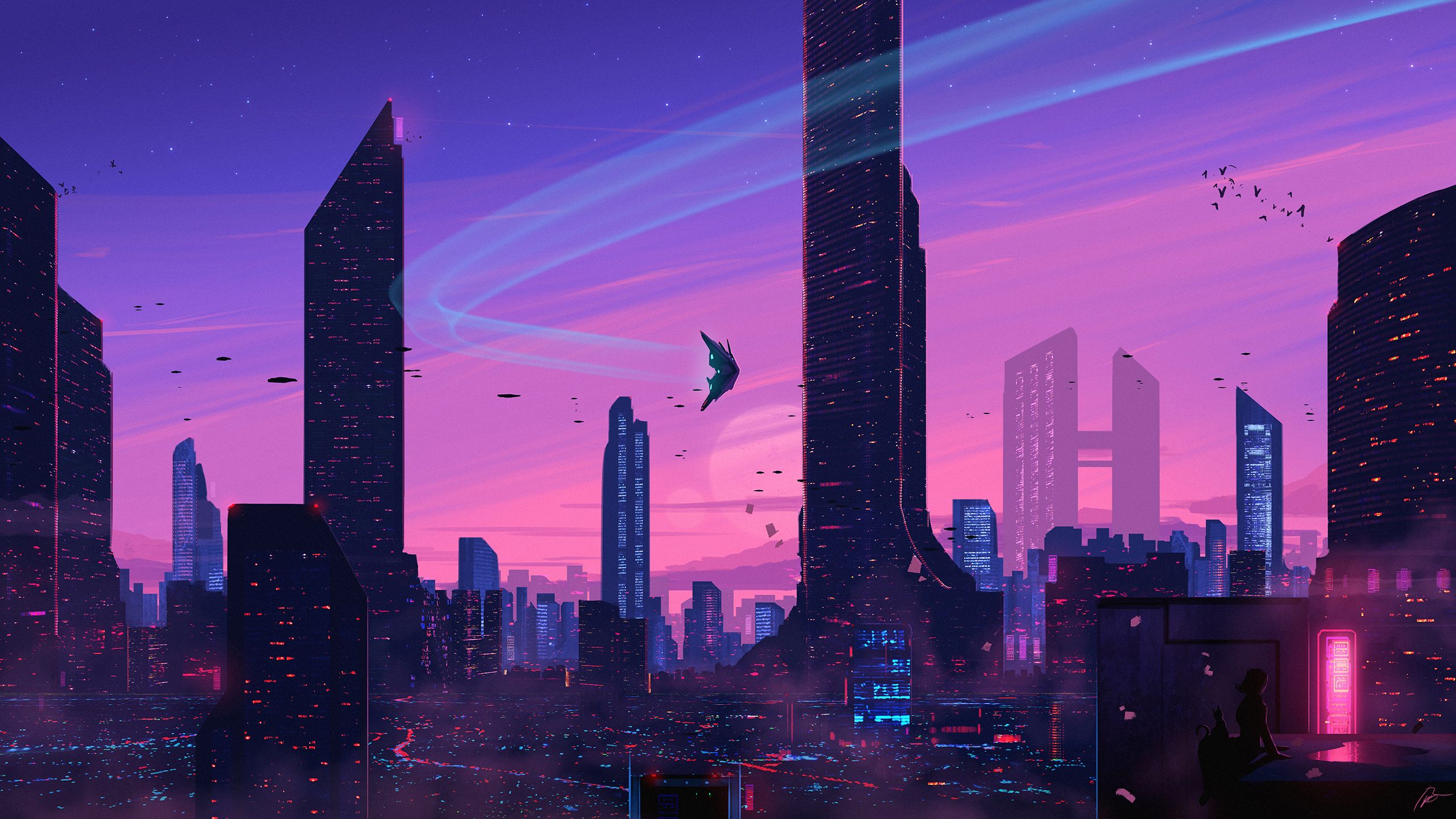 cityscape, sci fi, futuristic, city, cat, skyscraper