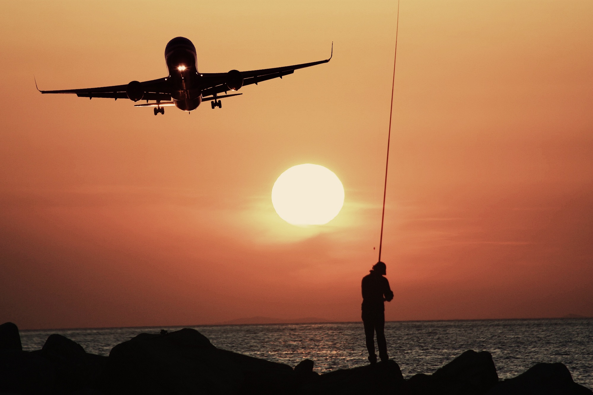 Download mobile wallpaper Sunset, Horizon, Silhouette, Evening, Fisherman, Photography, Aircraft, Fishing, Sport for free.