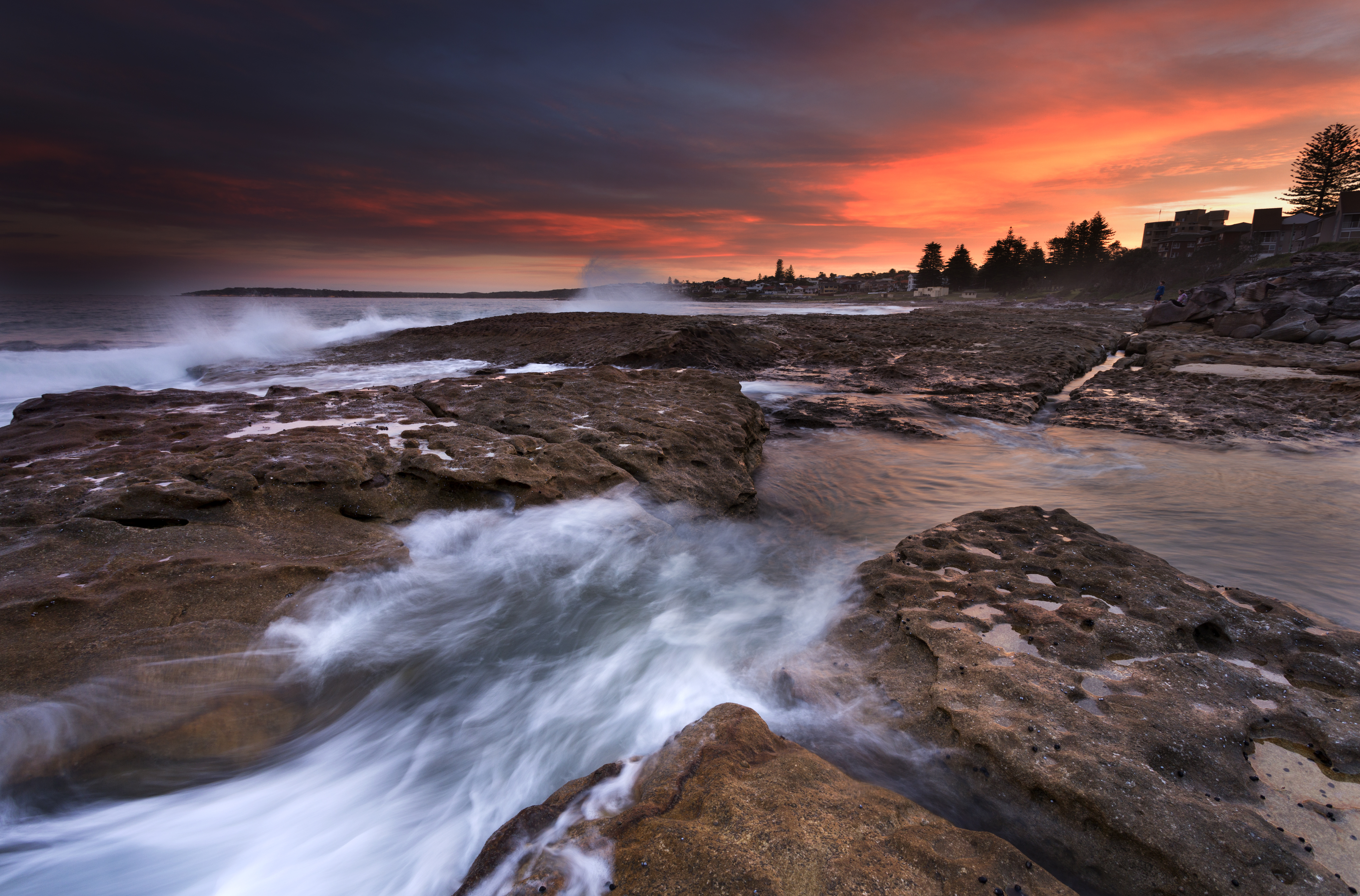 nature, sunset, stones, sea, rocks, surf Desktop home screen Wallpaper