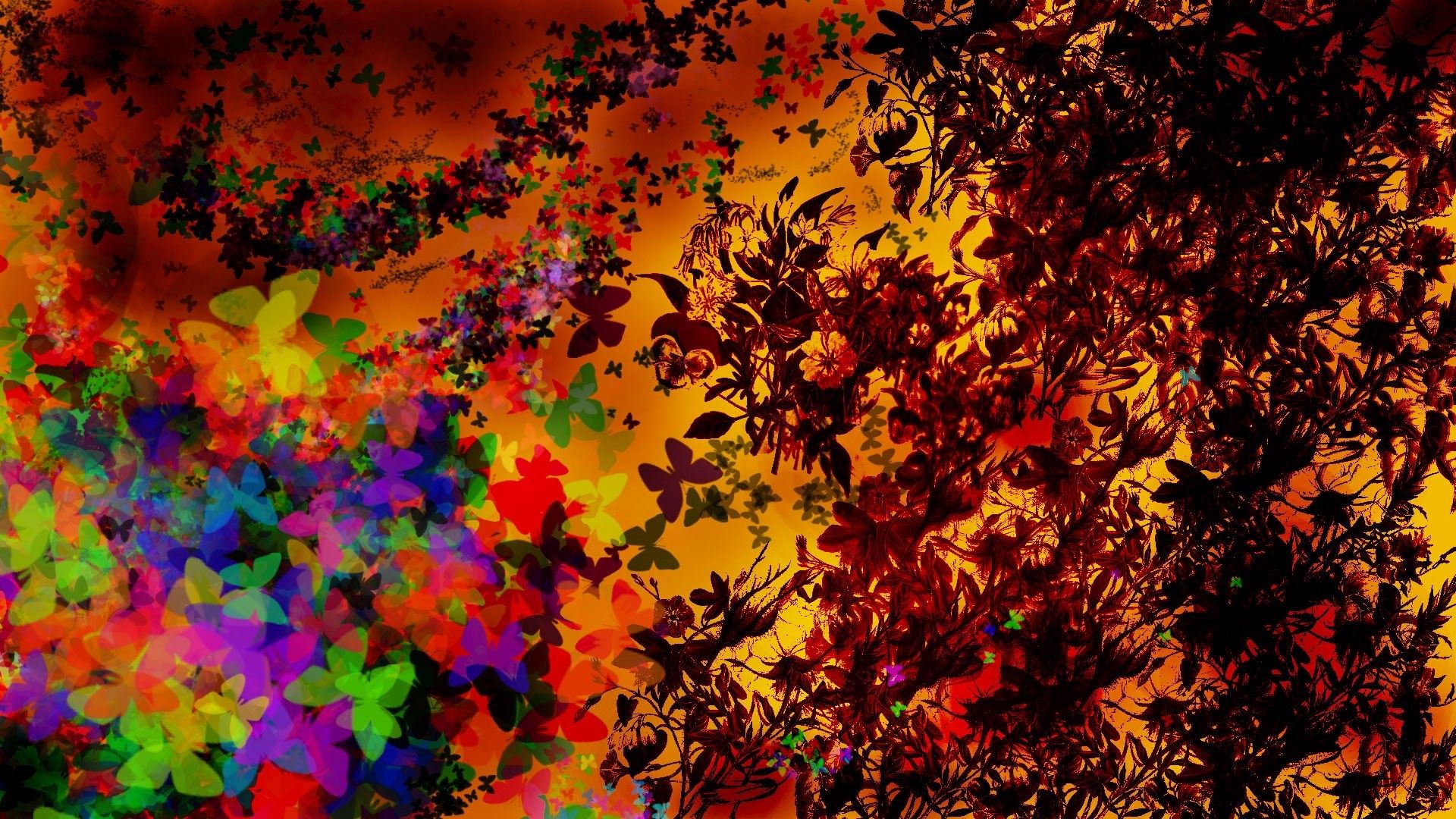 Скачать картинку Листья, Цветы, Креатив, Абстракция, Настроение, Бабочки, Осень в телефон бесплатно.