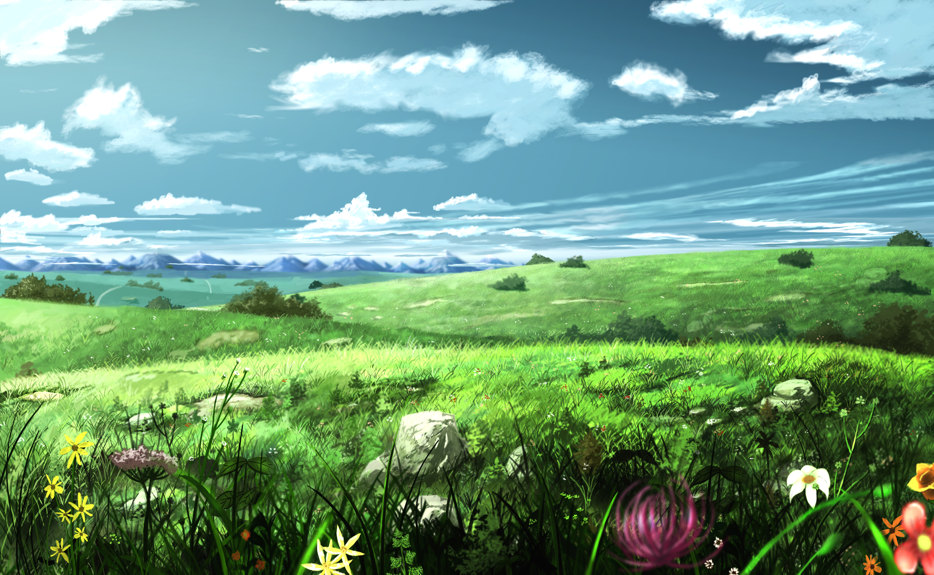 scenery, mountain, anime, landscape, flower