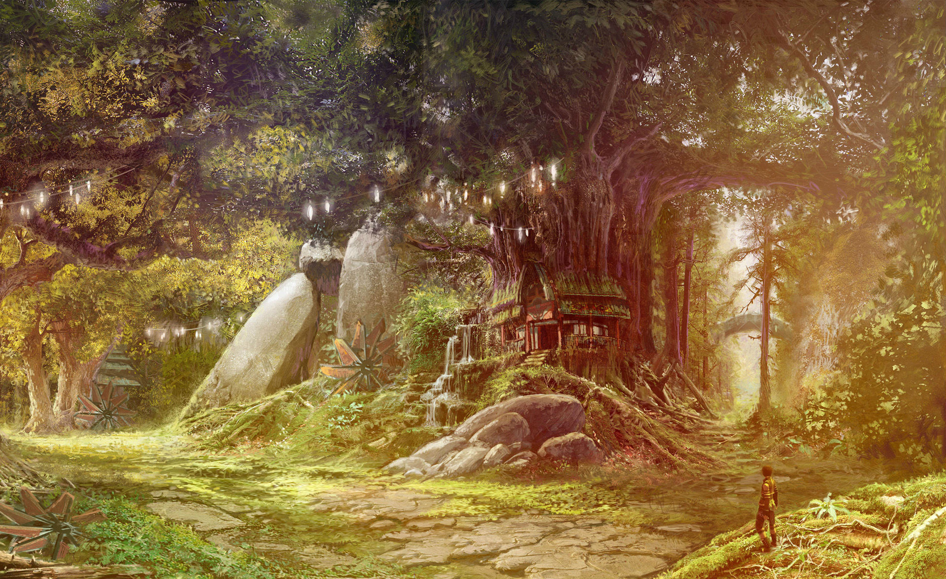 Mobile wallpaper fantasy, people, aion, forest, house, town