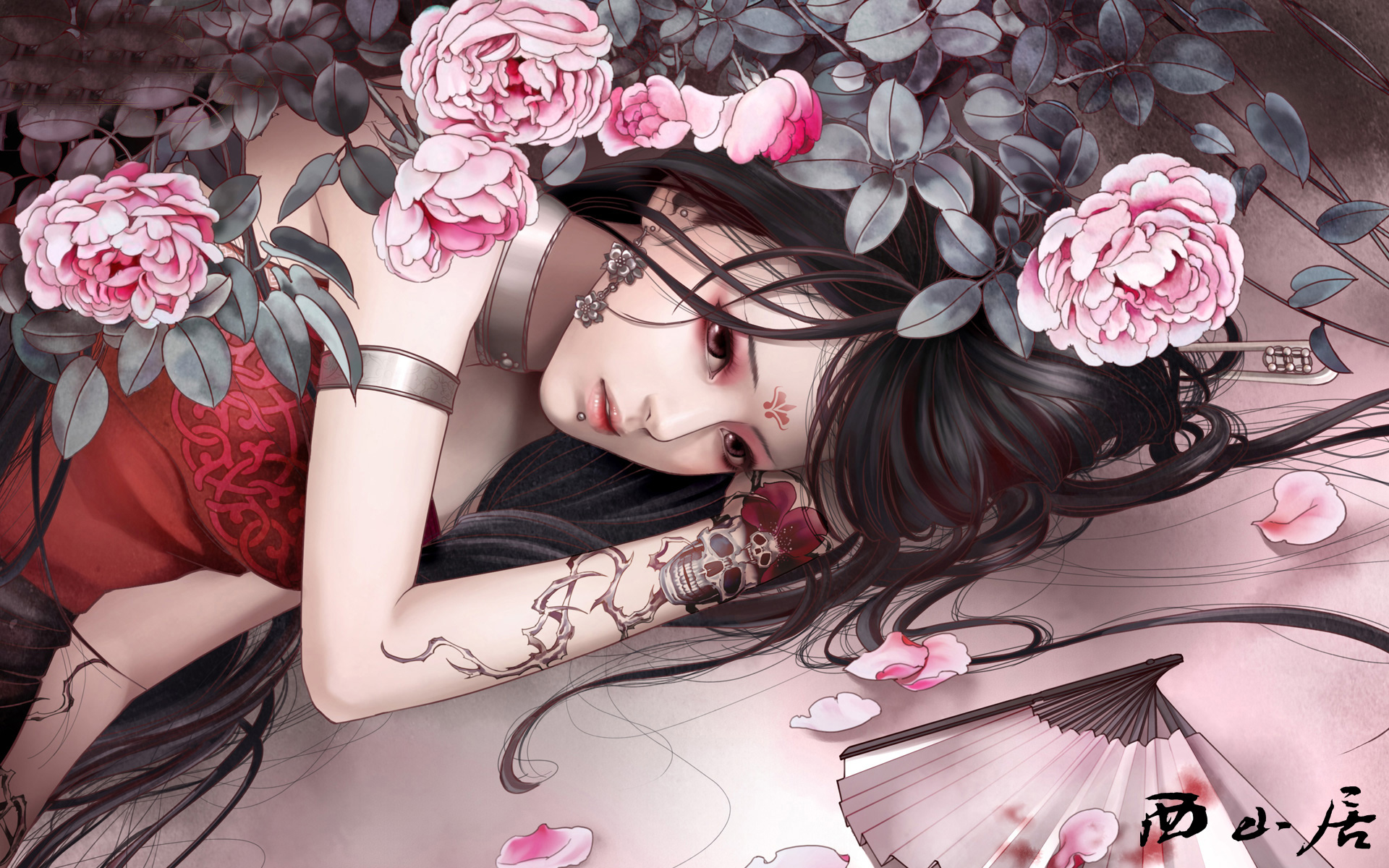 lying down, fan, video game, jx online, asian, fantasy, pink rose, rose, skull, tattoo