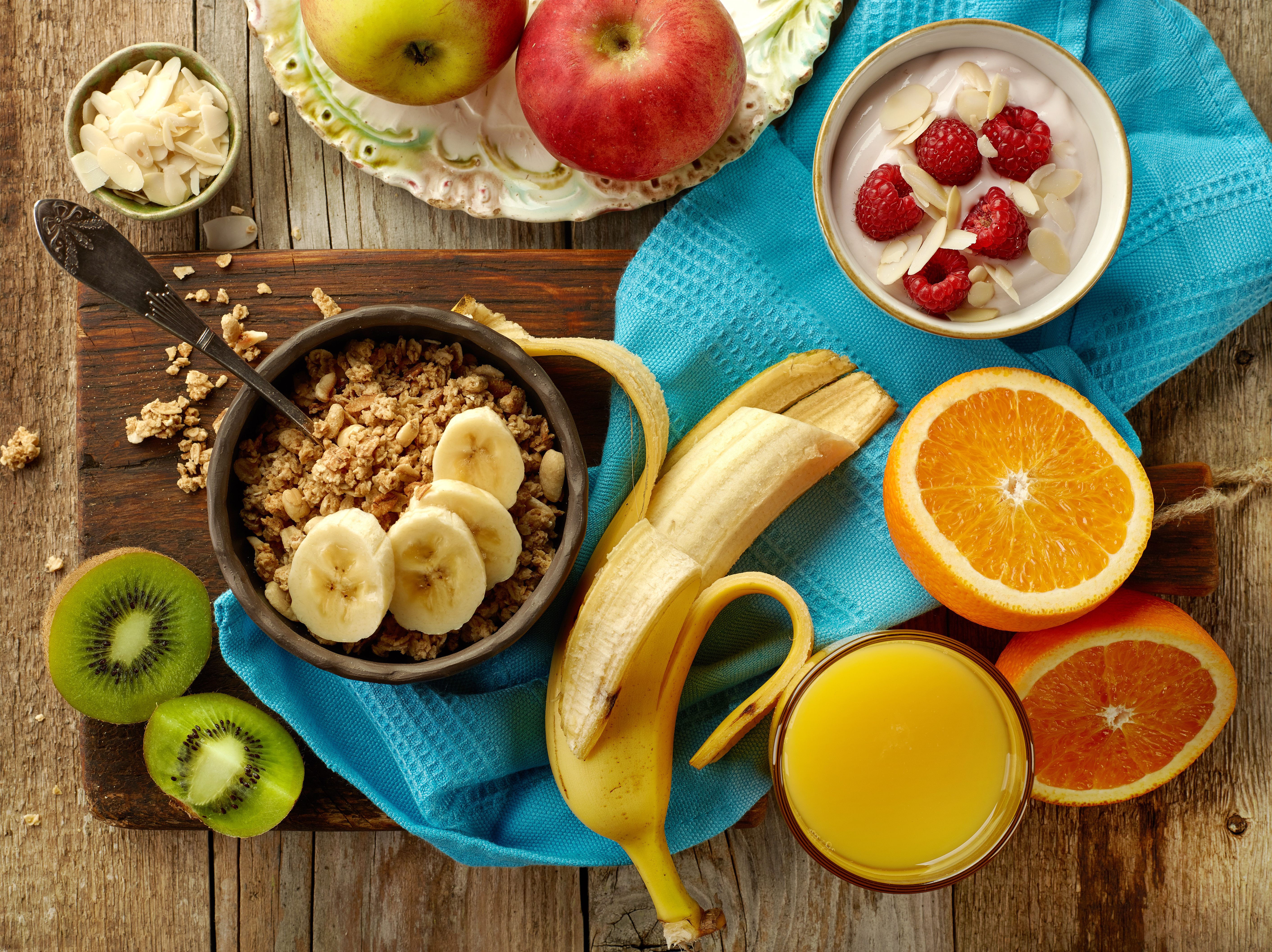 food, breakfast, banana, fruit, juice, kiwi, muesli, orange (fruit), still life