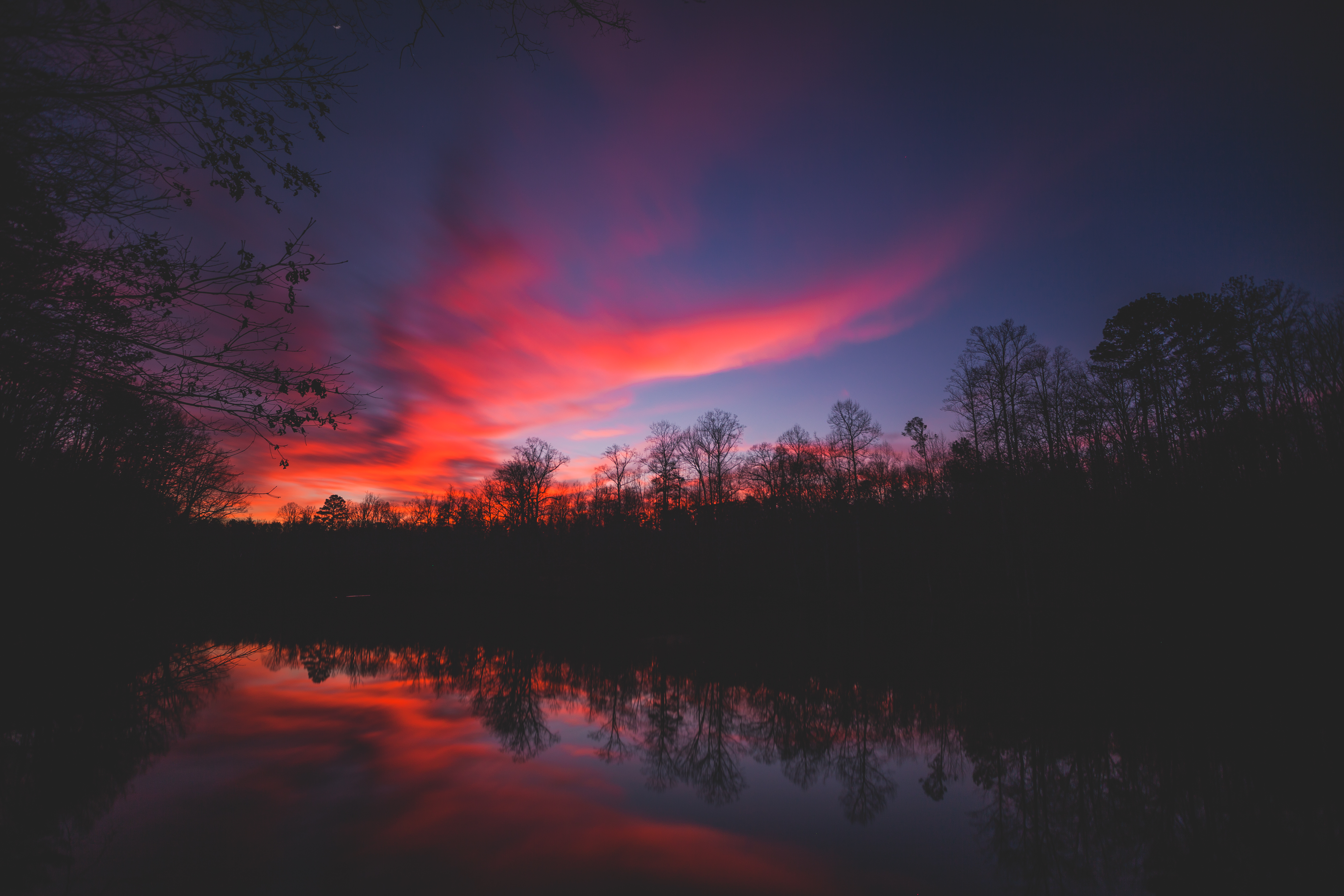 Free download wallpaper Horizon, Sky, Reflection, Trees, Rivers, Sunset, Dark on your PC desktop