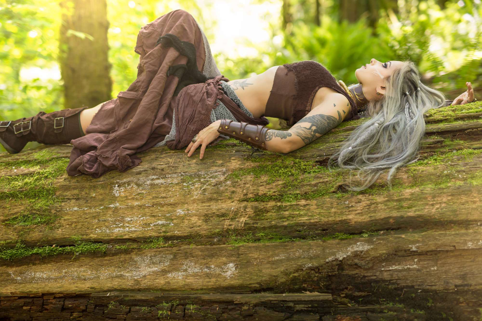women, cosplay, elf, fantasy, log, long hair, lying down, model, tattoo, white hair Full HD