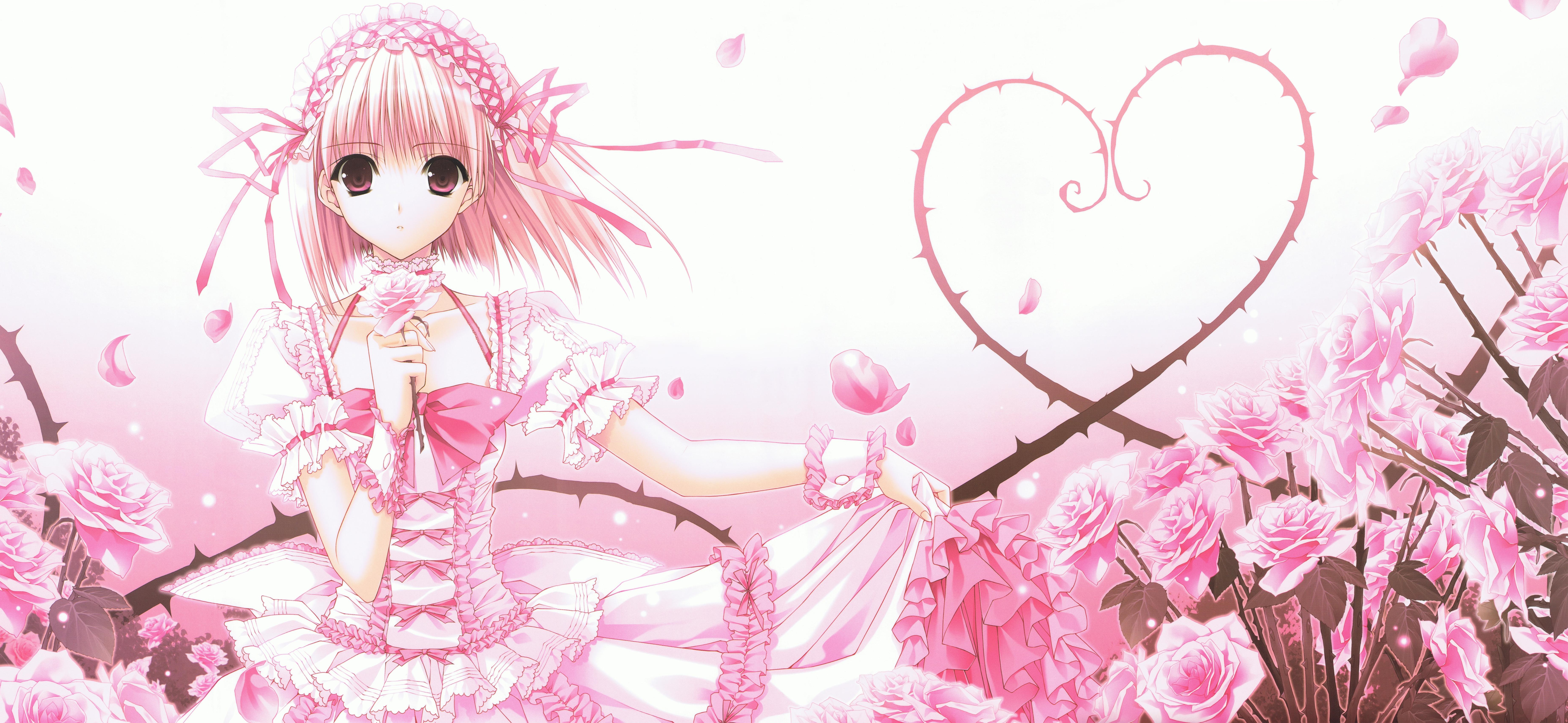 Free download wallpaper Anime, Rose, Heart, Petal, Ribbon, Original, Pink Hair, Blush, Red Eyes, Short Hair on your PC desktop