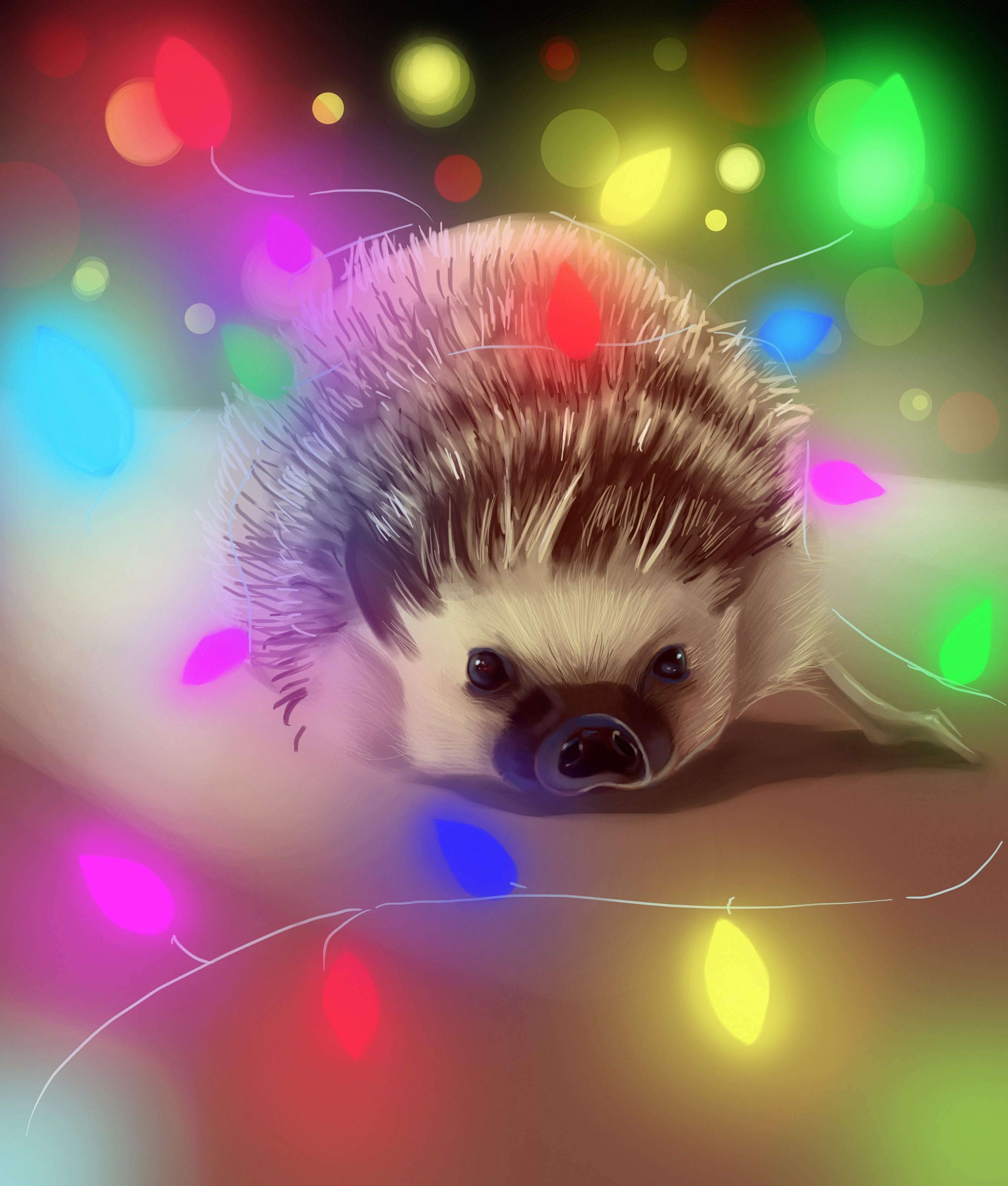 hedgehog, multicolored, art, glare, motley, garland Phone Background