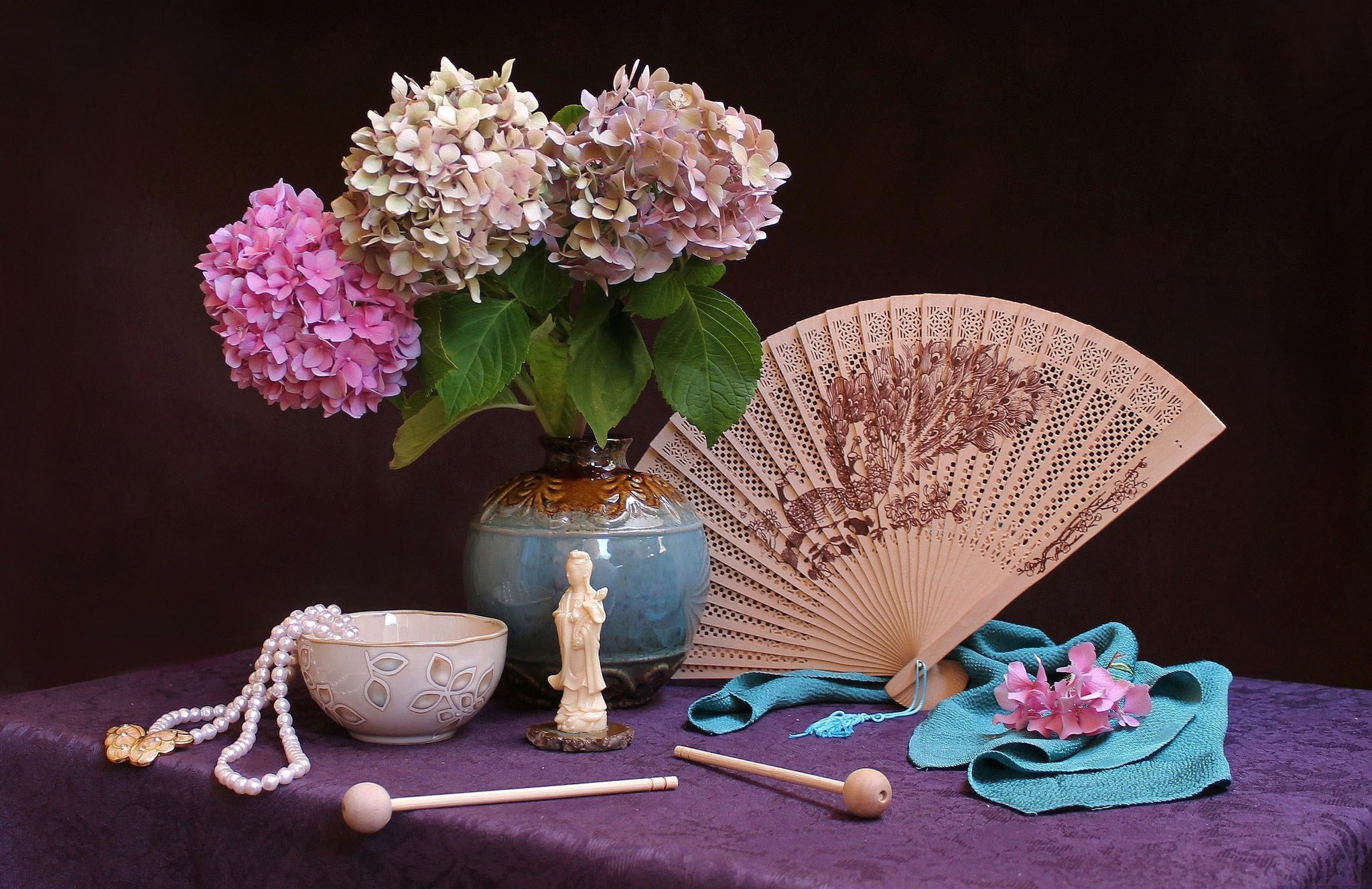 photography, still life, asian, bowl, fan, hydrangea, pink flower, vase 1080p