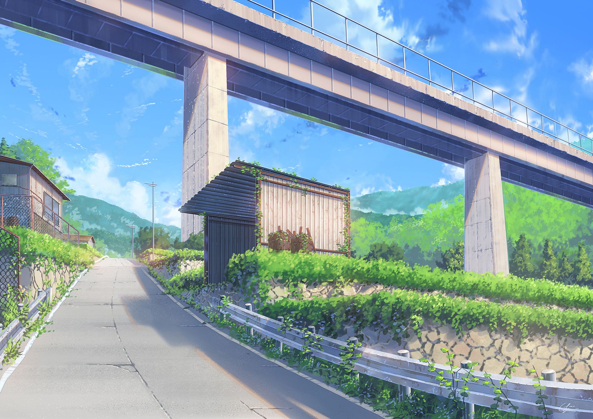 anime, original, bridge, countryside, house, morning, road