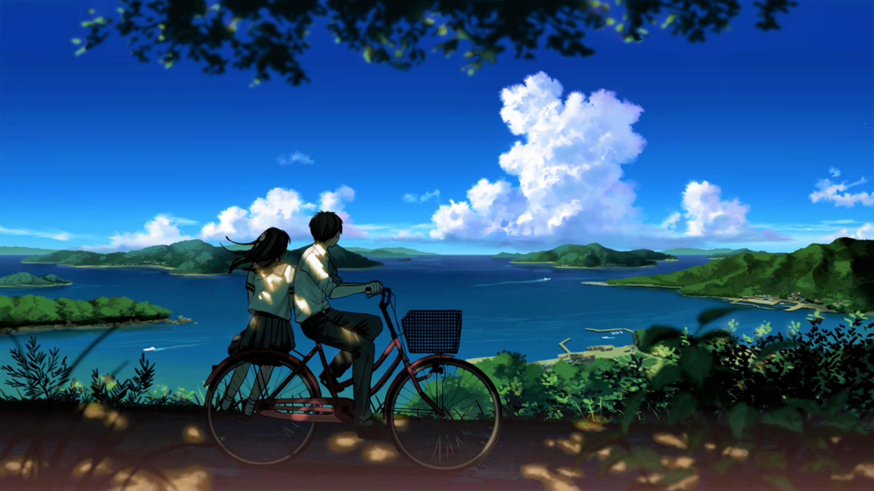 879942 Hintergrundbild herunterladen animes, original, fahrräder, fahrrad, wolke, paar, see, landschaft, gebirge, himmel, uniform - Bildschirmschoner und Bilder kostenlos