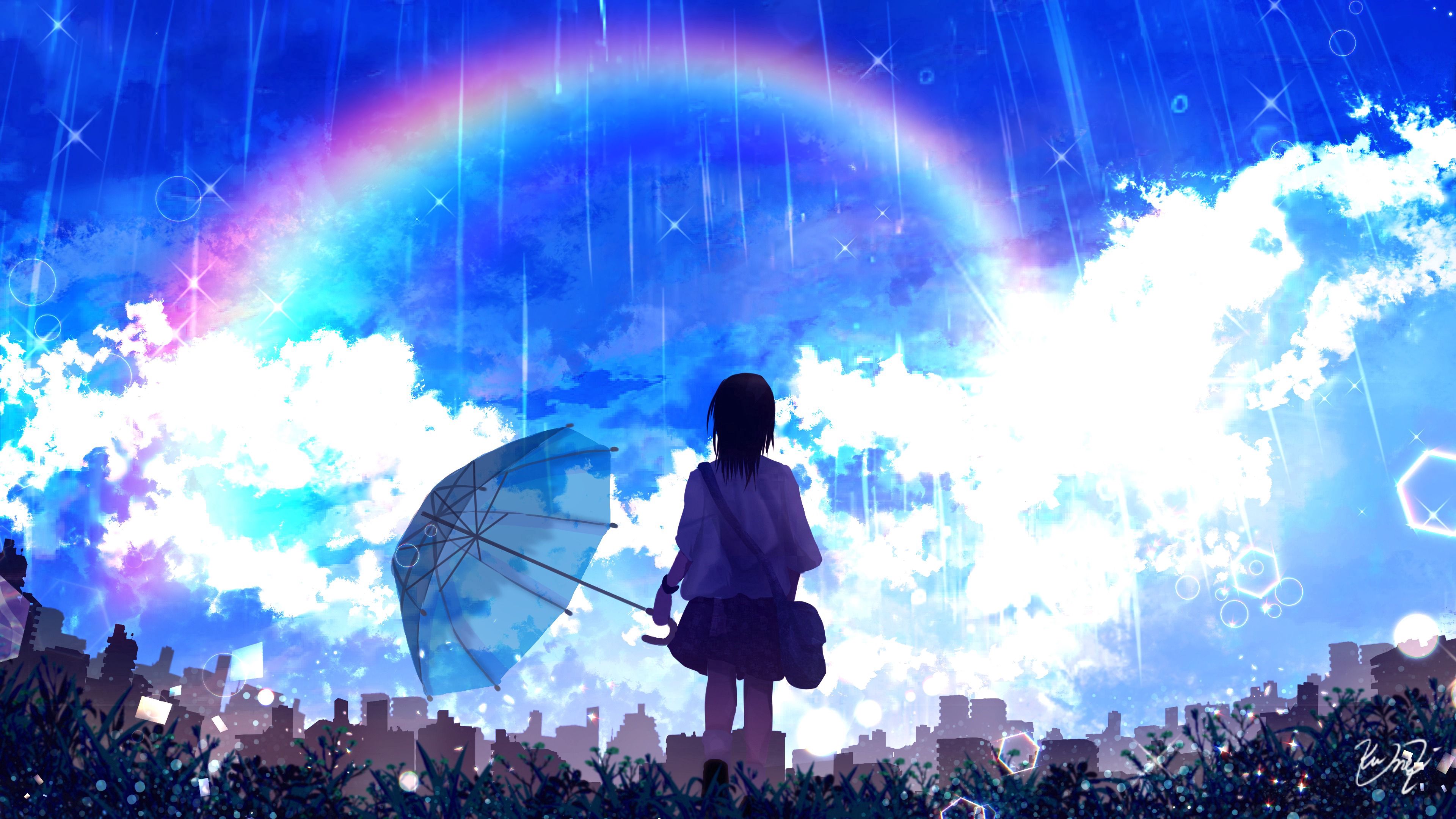 Download mobile wallpaper Silhouette, Umbrella, Rainbow, Art, Rain for free.