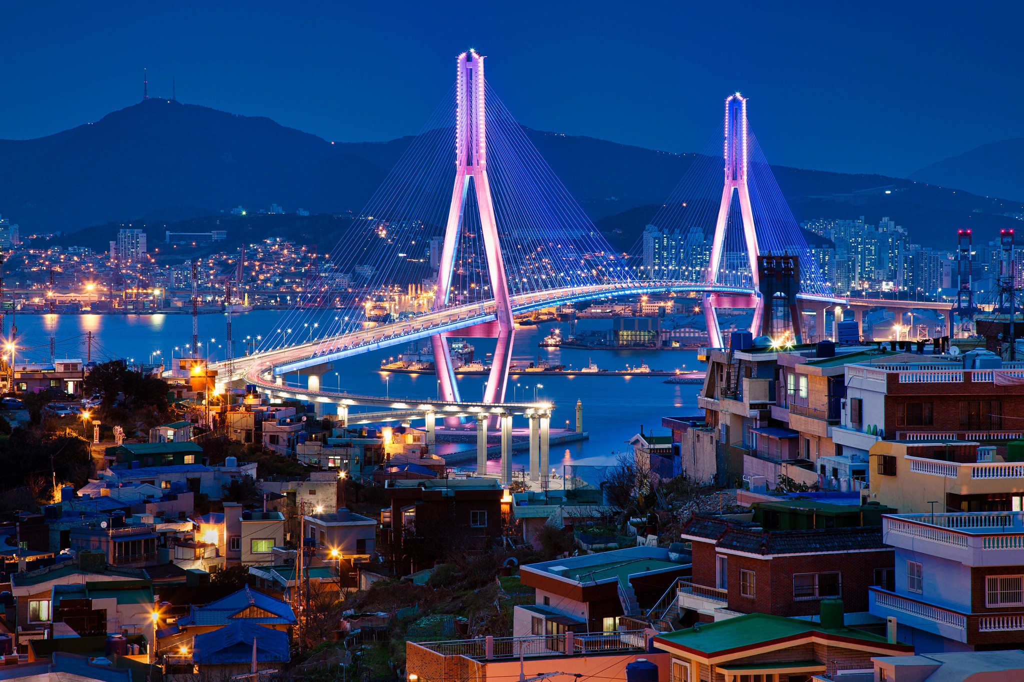 Download mobile wallpaper Cities, Building, Bridge, Bay, South Korea, Busan, Man Made for free.