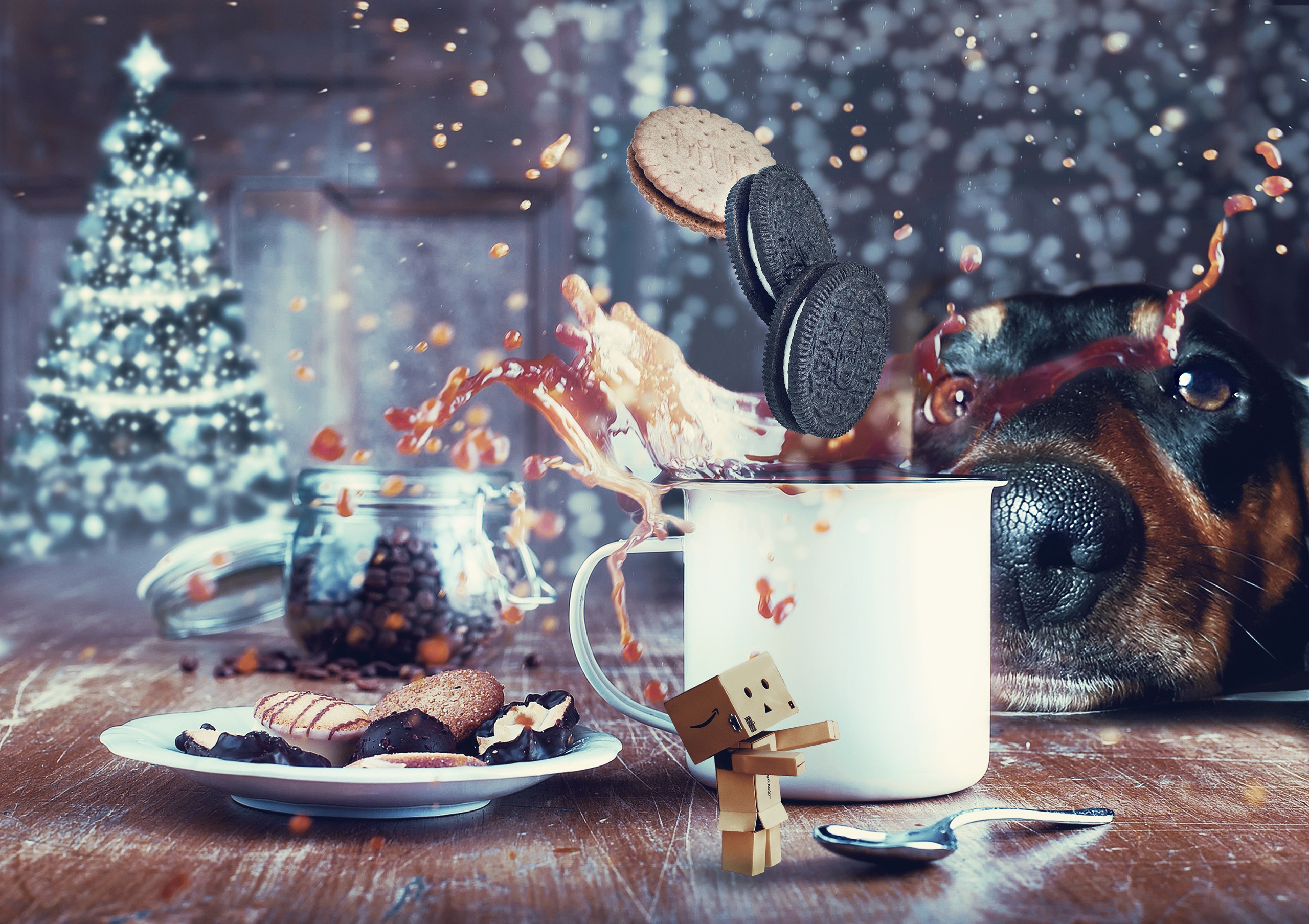 danbo, food, still life, christmas, cookie, dog, drink, oreo Phone Background