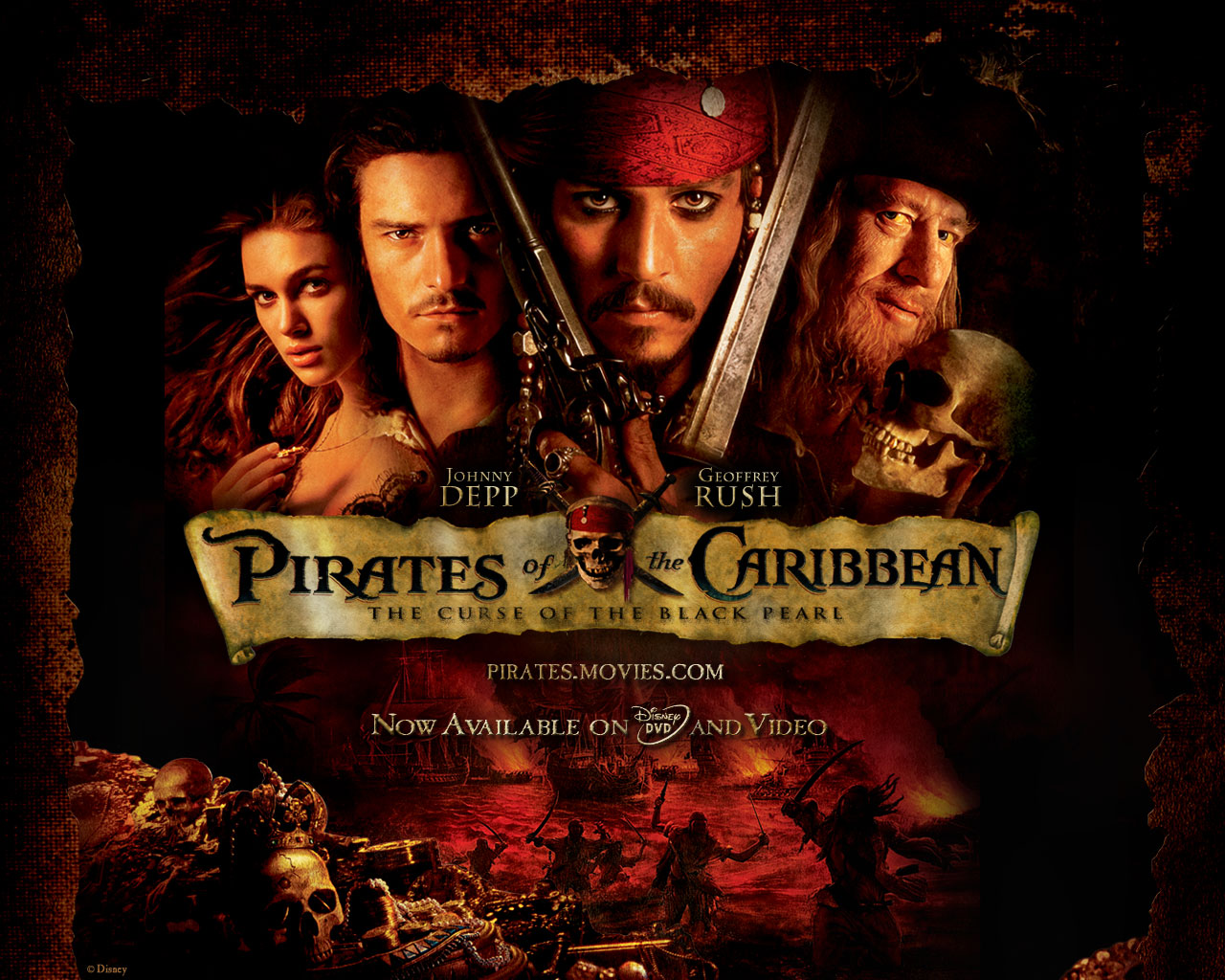 wallpapers jack sparrow, pirates of the caribbean: the curse of the black pearl, movie, blackbeard (pirates of the caribbean), elizabeth swann, geoffrey rush, johnny depp, keira knightley, orlando bloom, will turner