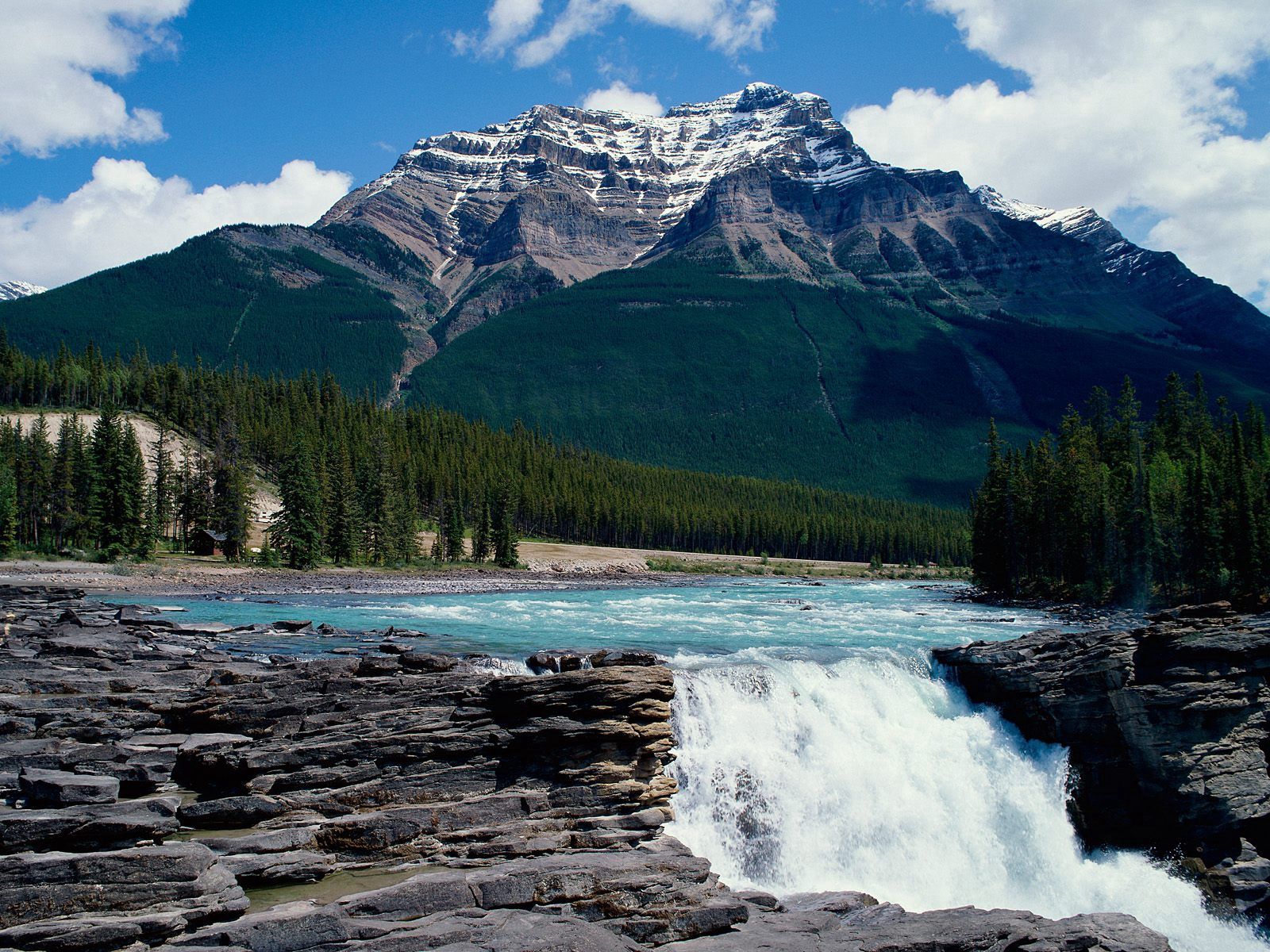 PCデスクトップに自然, 木, 山脈, 岩, カナダ, 森林, 森, フロー, 流れる, 滝画像を無料でダウンロード