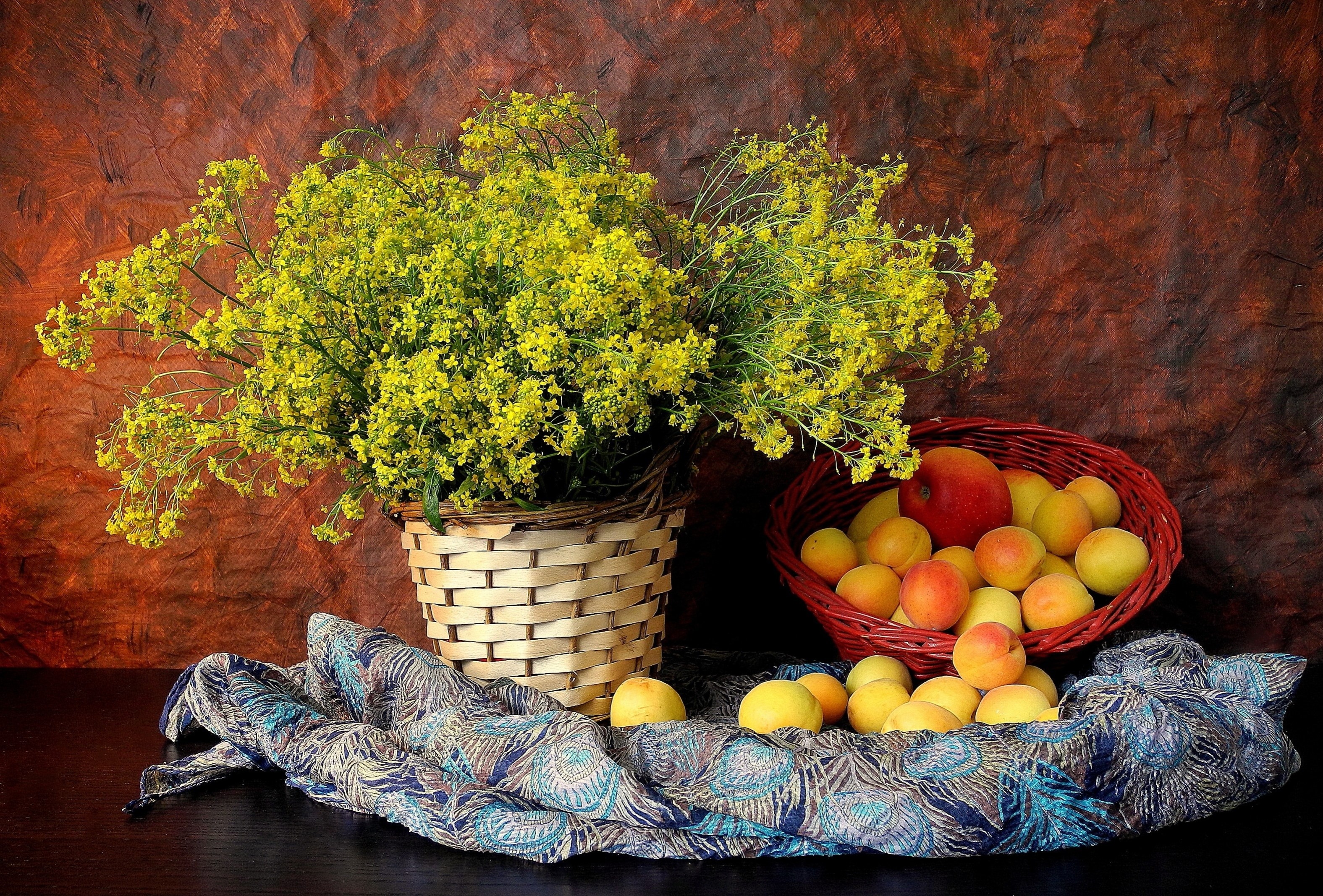 photography, still life, basket, flower, fruit, nectarine, peach, scarf, yellow flower 4K Ultra