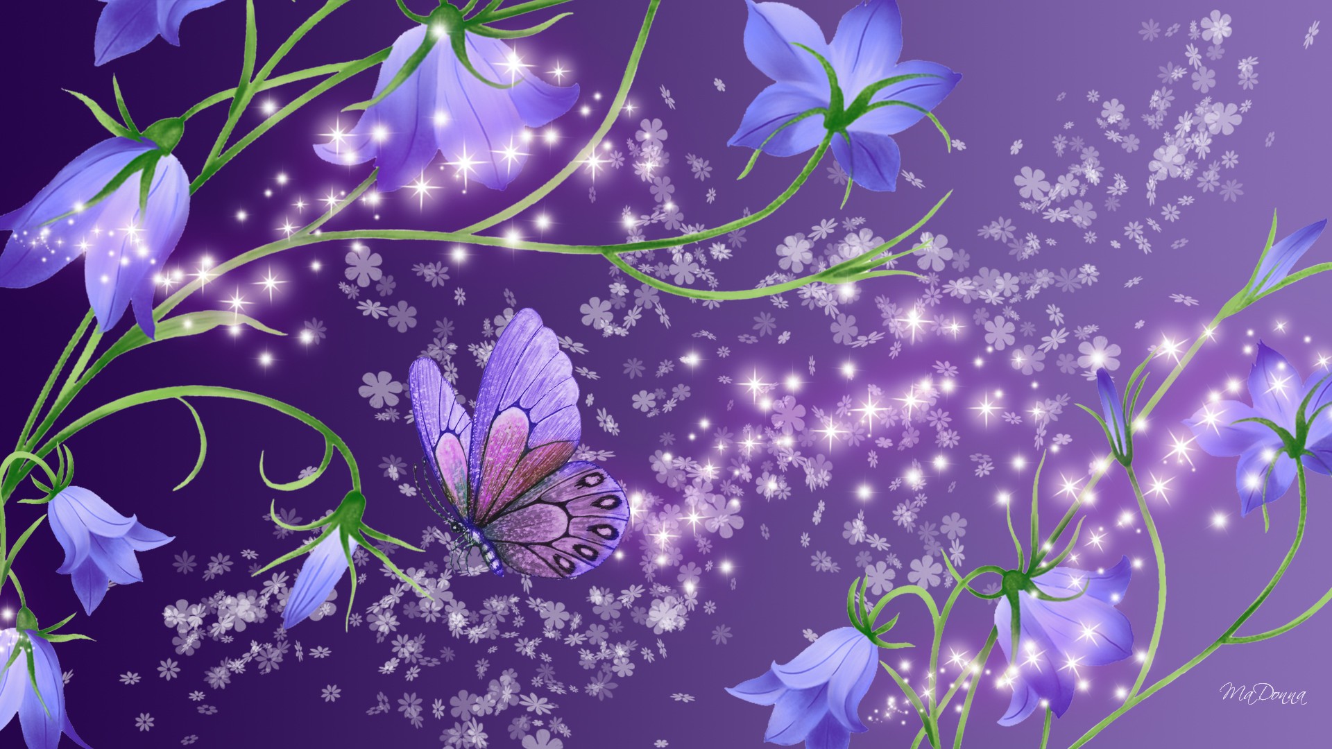 397749 завантажити картинку художній, квітка, дзвіночок, метелик, фіолетовий, блискітки, флауерзи - шпалери і заставки безкоштовно