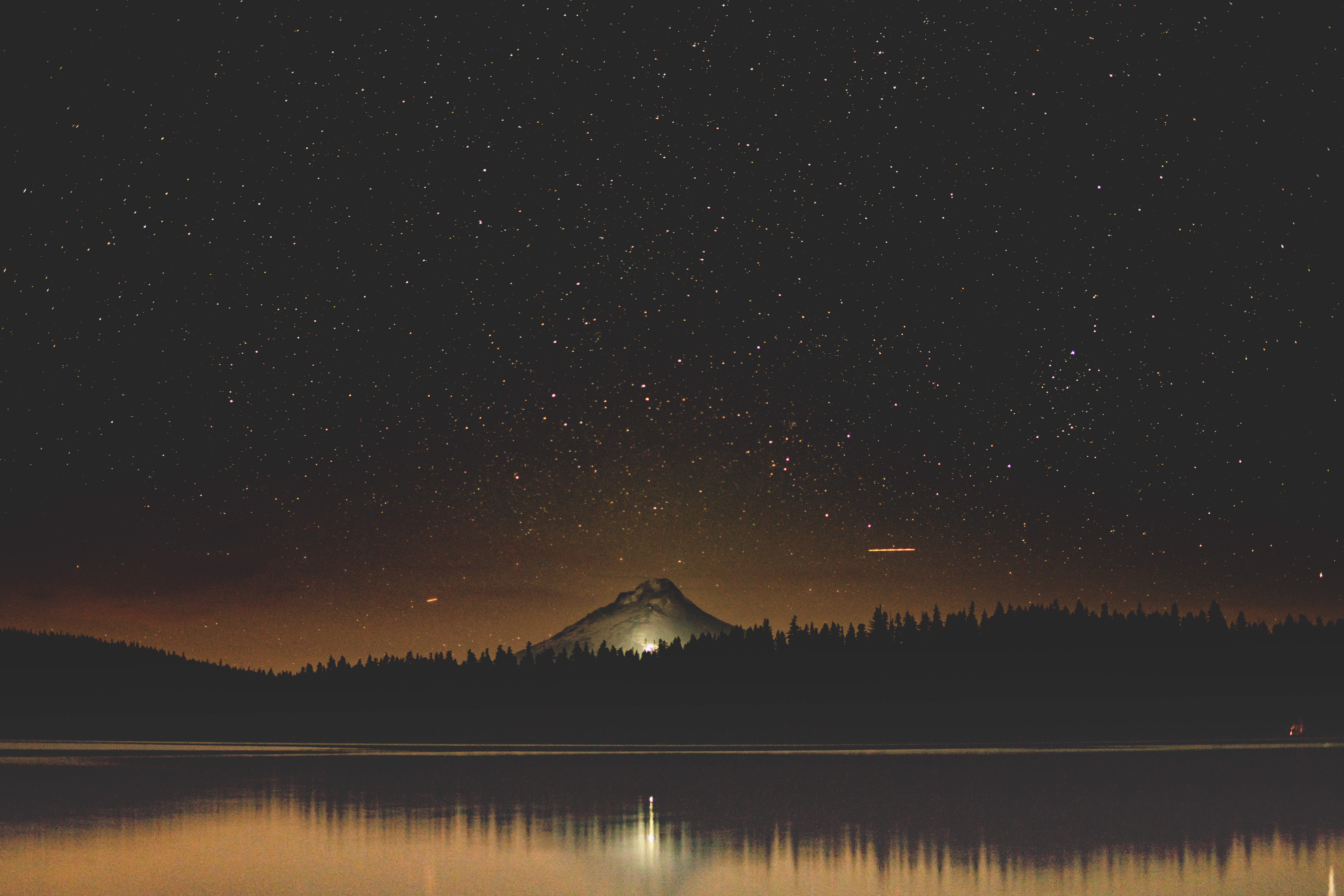 Download mobile wallpaper Starry Sky, Trees, Mountain, Lake, Nature, Night for free.
