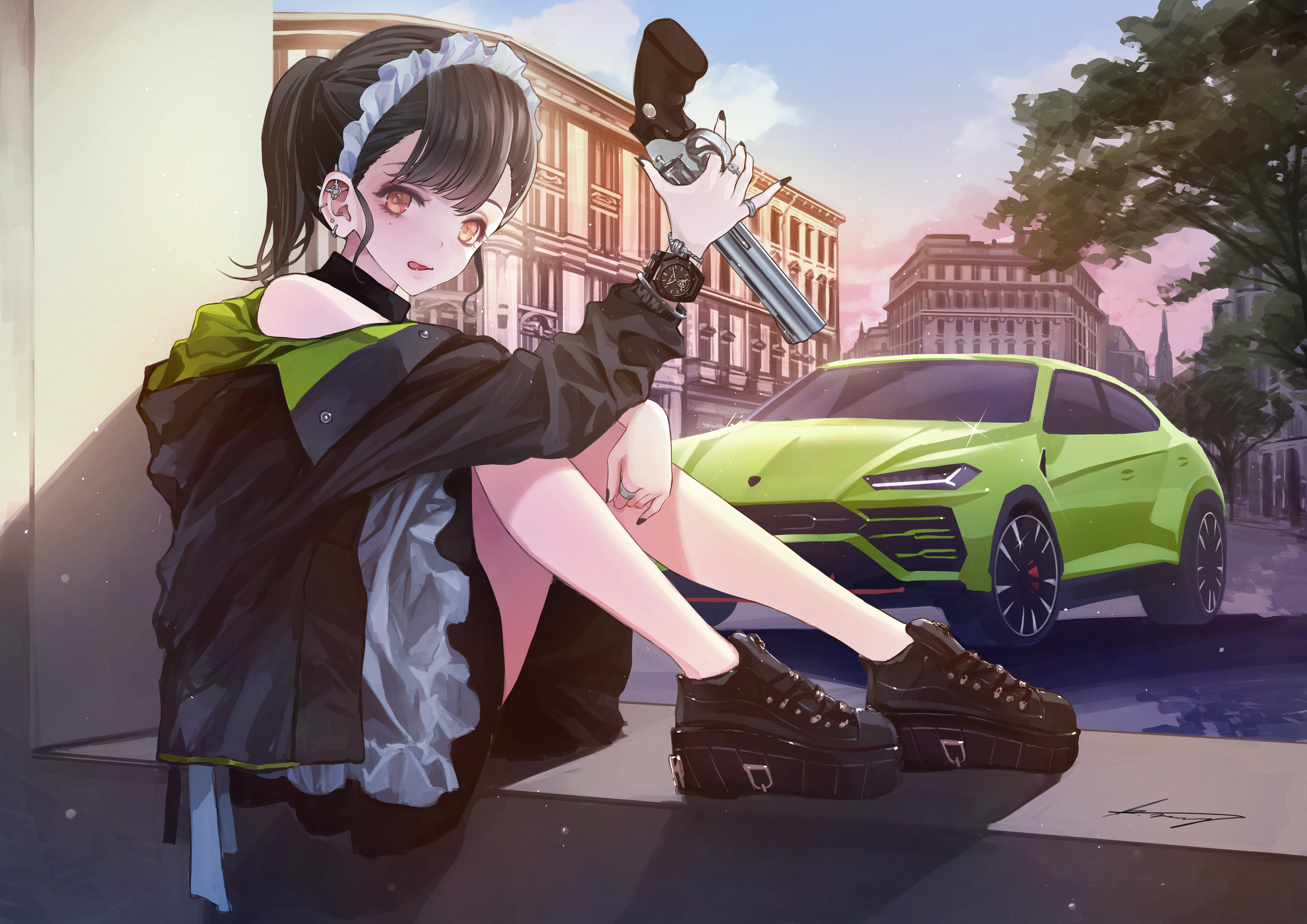 HD desktop wallpaper: Anime, Lamborghini, Car, Original, Maid, Gun download  free picture #1533266
