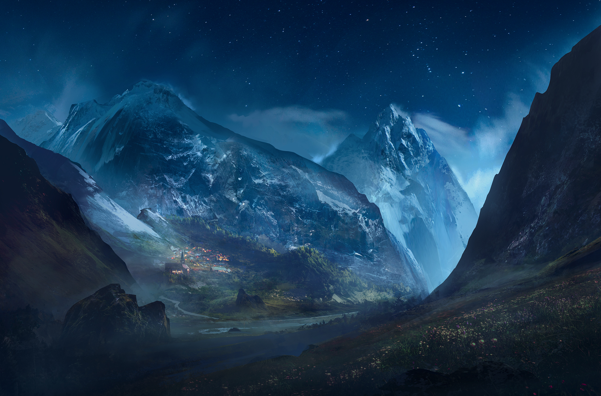 valley, artistic, landscape, mountain, night, peak, village 1080p