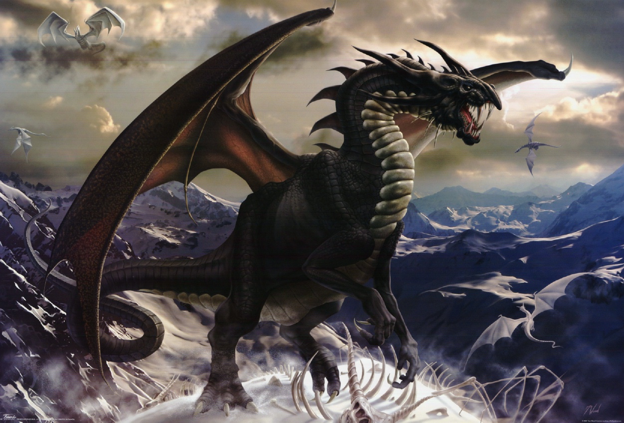dragon, fantasy, mountain, skeleton, snow UHD