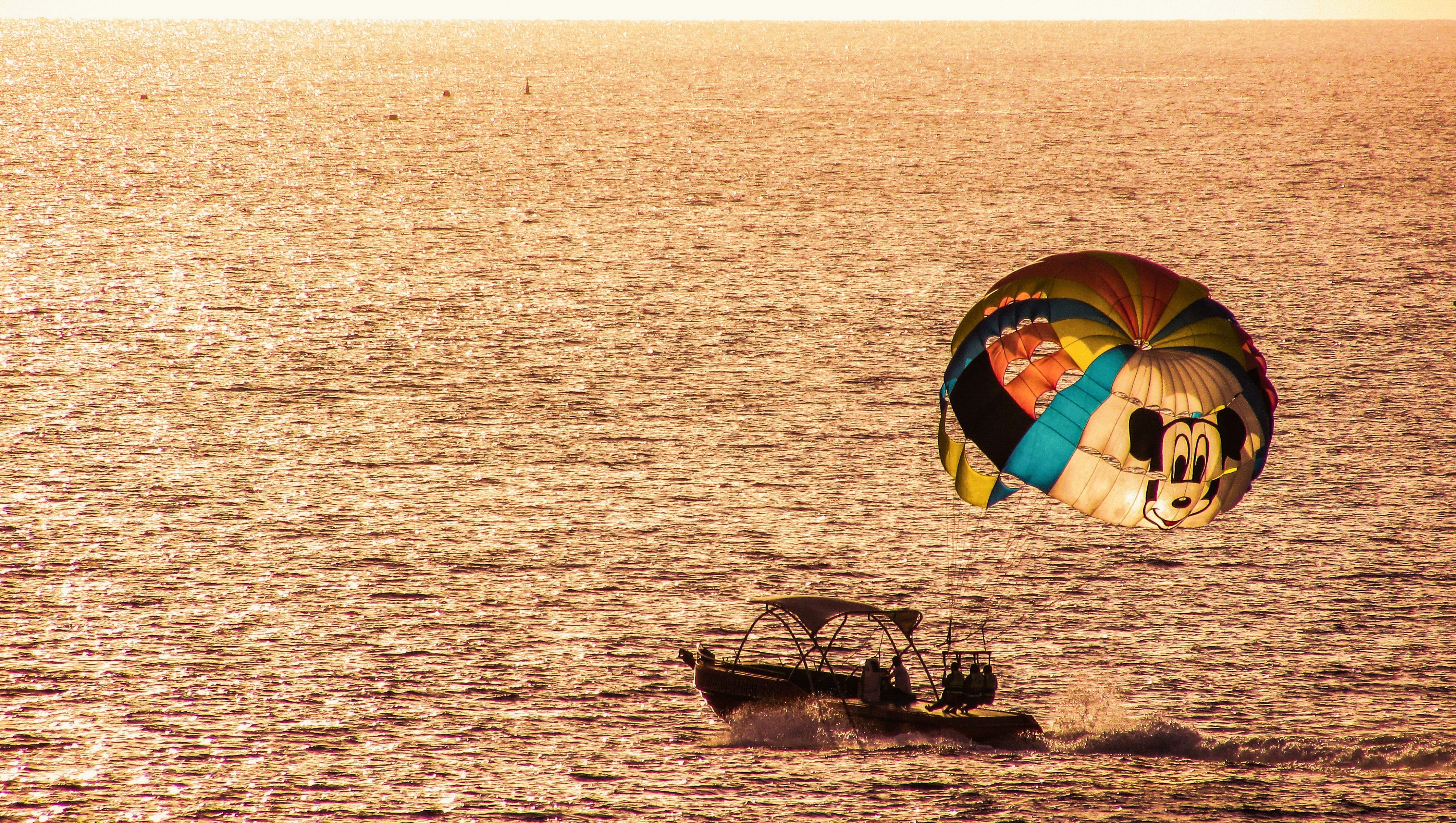nature, sunset, sea, boat, paragliding, parachute 5K