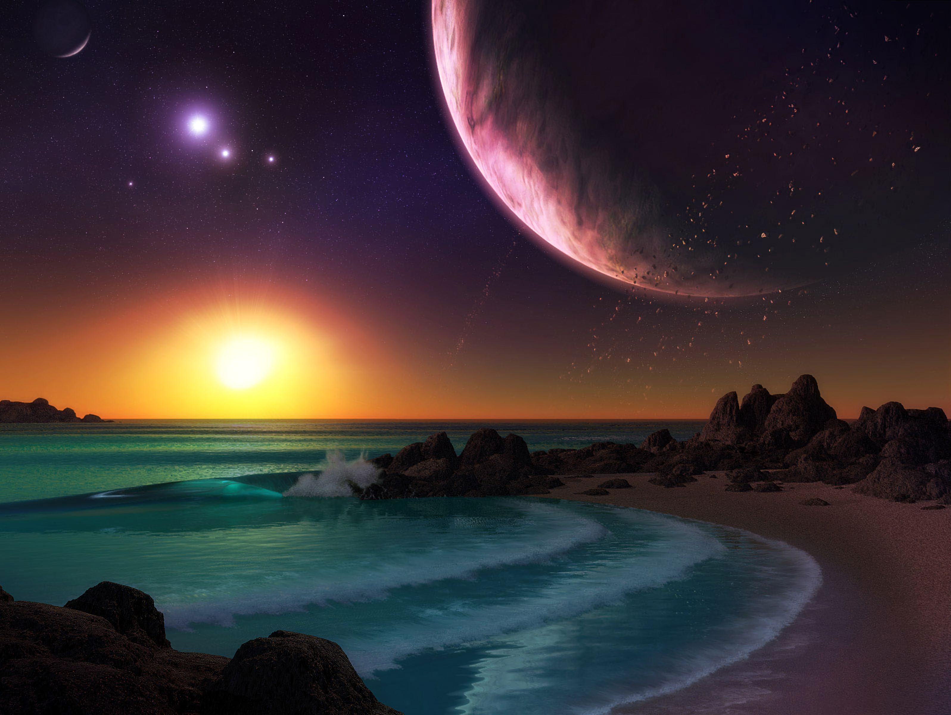 Free download wallpaper Sunset, Sea, Rocks, Surf, Art, Planet on your PC desktop