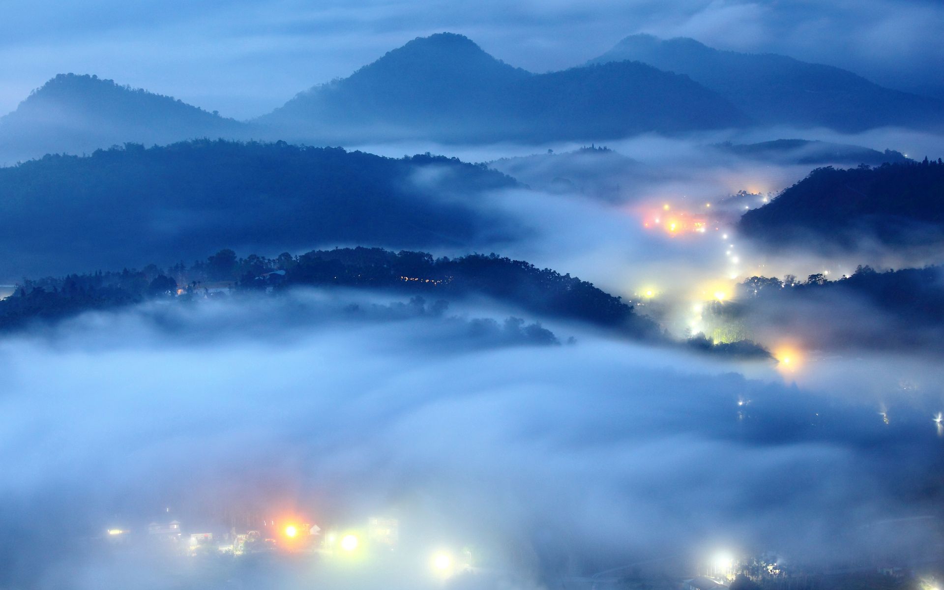nature, mountains, night, city, lights, fog, relief, from above, above phone background