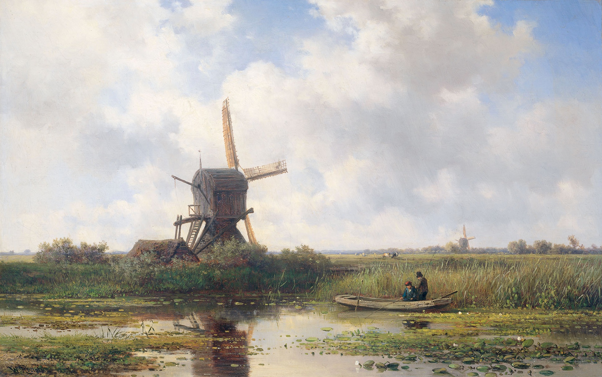 fishing, artistic, painting, boat, landscape, netherlands, windmill 8K