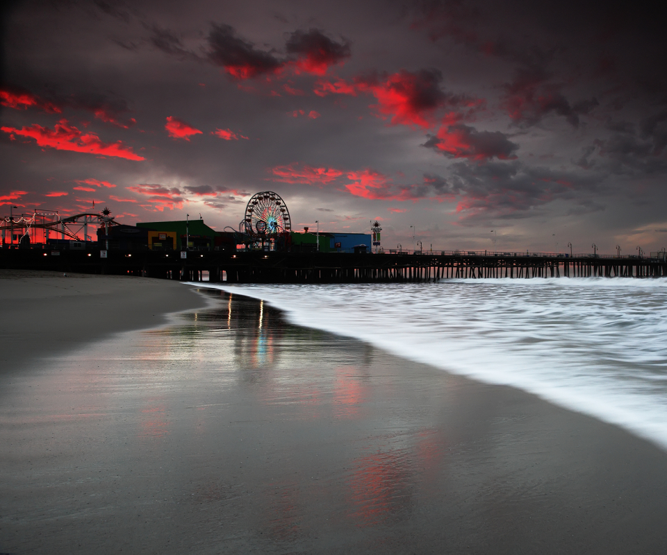 photography, scenic, ferris wheel, sunset, beach, santa monica pier Full HD