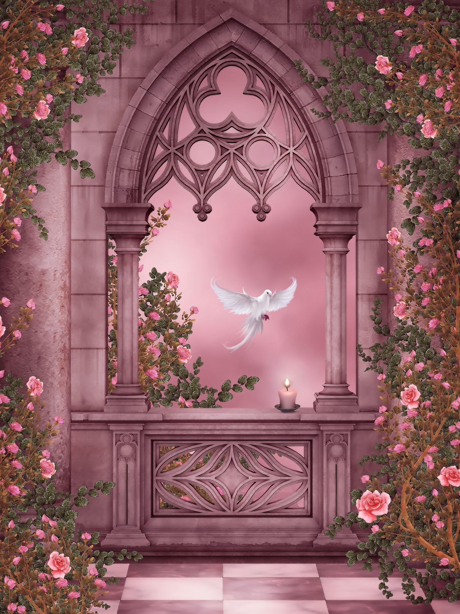 Download mobile wallpaper Fantasy, Pink, Vine, Bird, Rose, Arch, Artistic, Dove, Columns for free.