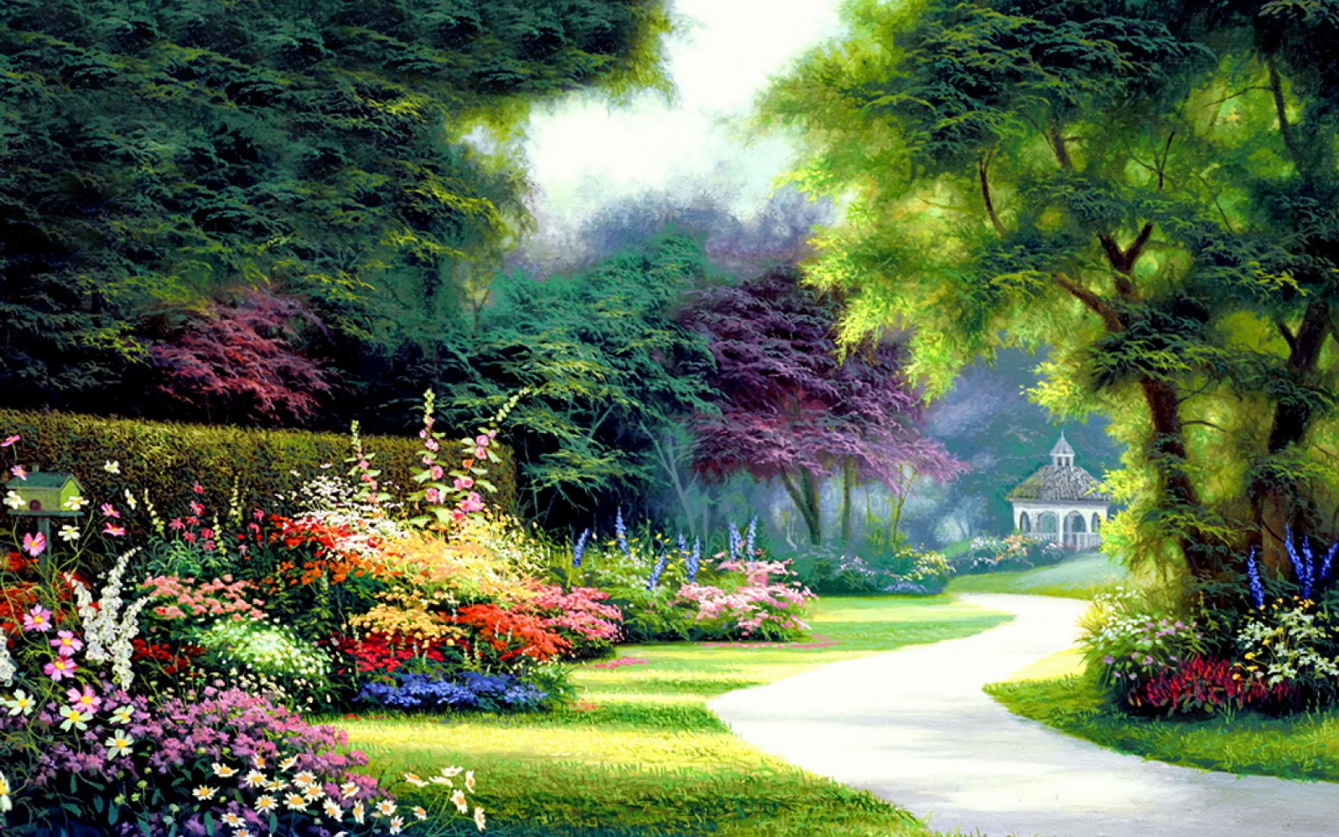 painting, artistic, colorful, flower, gazebo, path, spring, tree