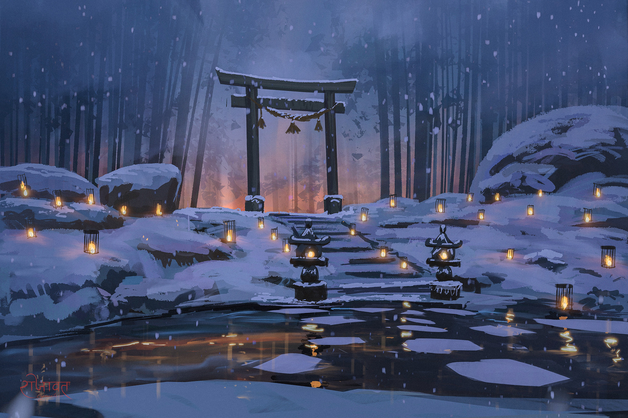 1008370 Hintergrundbild herunterladen schnee, animes, schrein, bambus, laterne, nacht, torii, winter - Bildschirmschoner und Bilder kostenlos