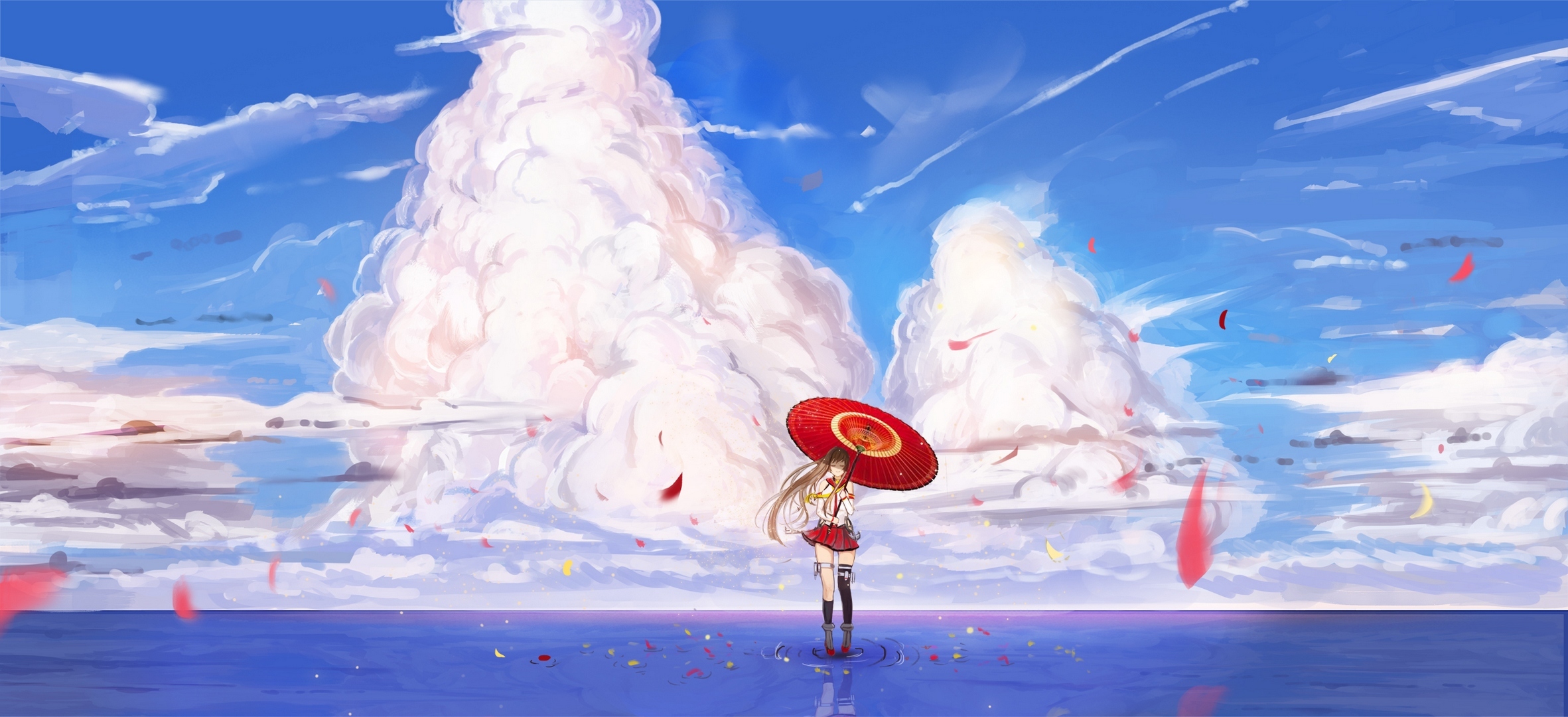 anime, kantai collection, cloud, ocean, sky, umbrella, yamato (kancolle) Full HD