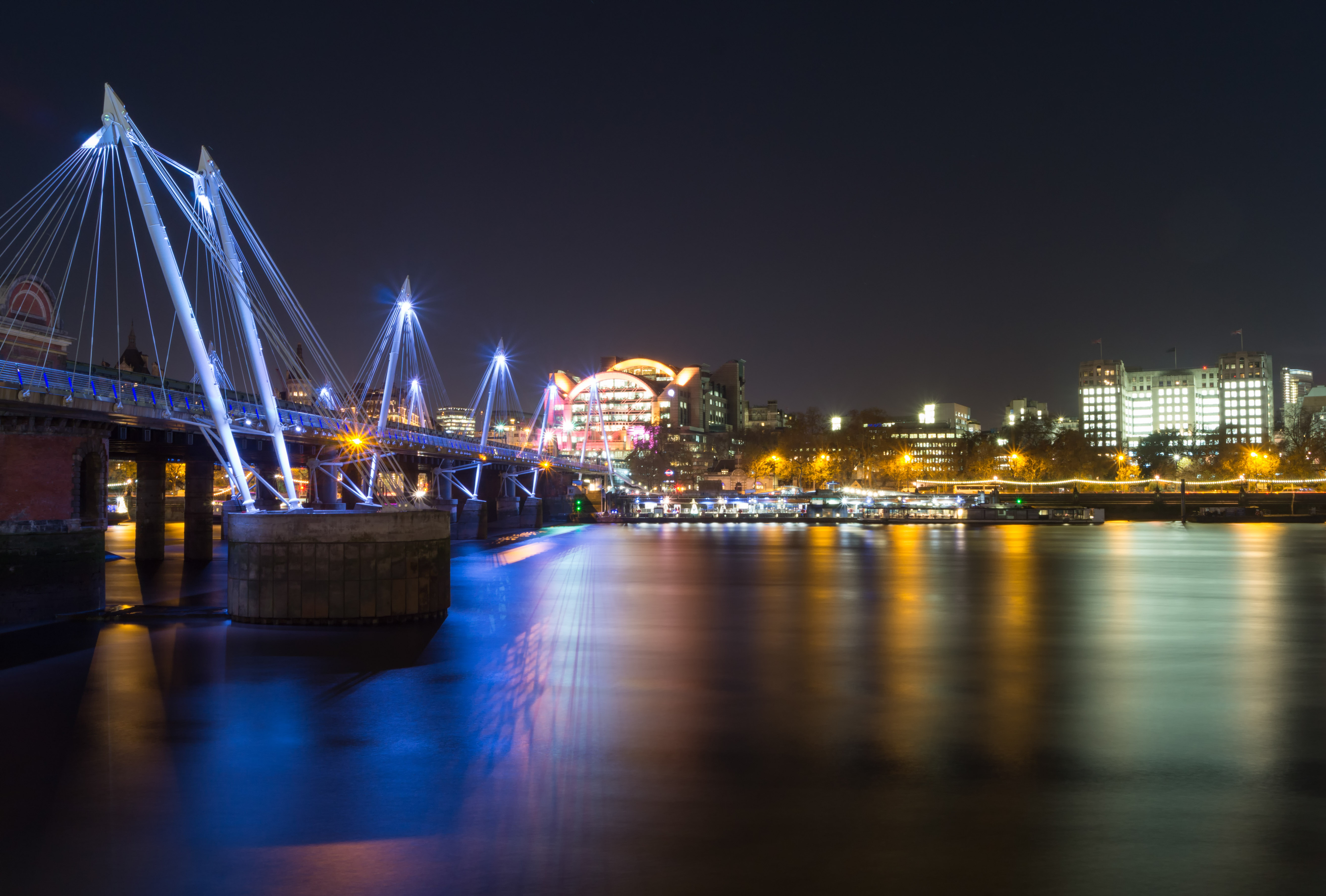 Free download wallpaper Cities, Lights, Reflection, Night City, Bridge, Rivers, Architecture on your PC desktop