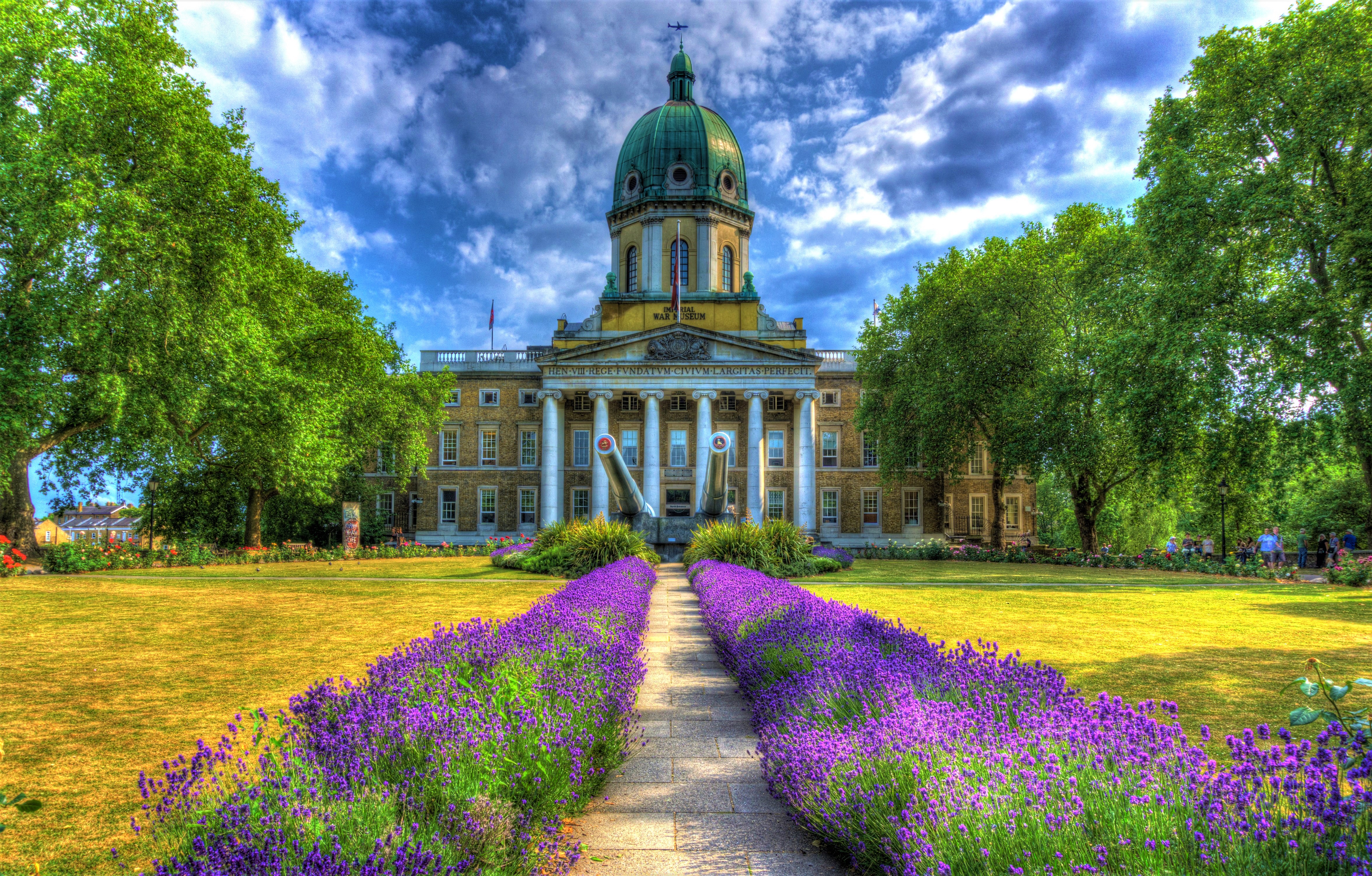 man made, museum, building, garden, hdr, impegrial war museum, purple flower, spring Full HD