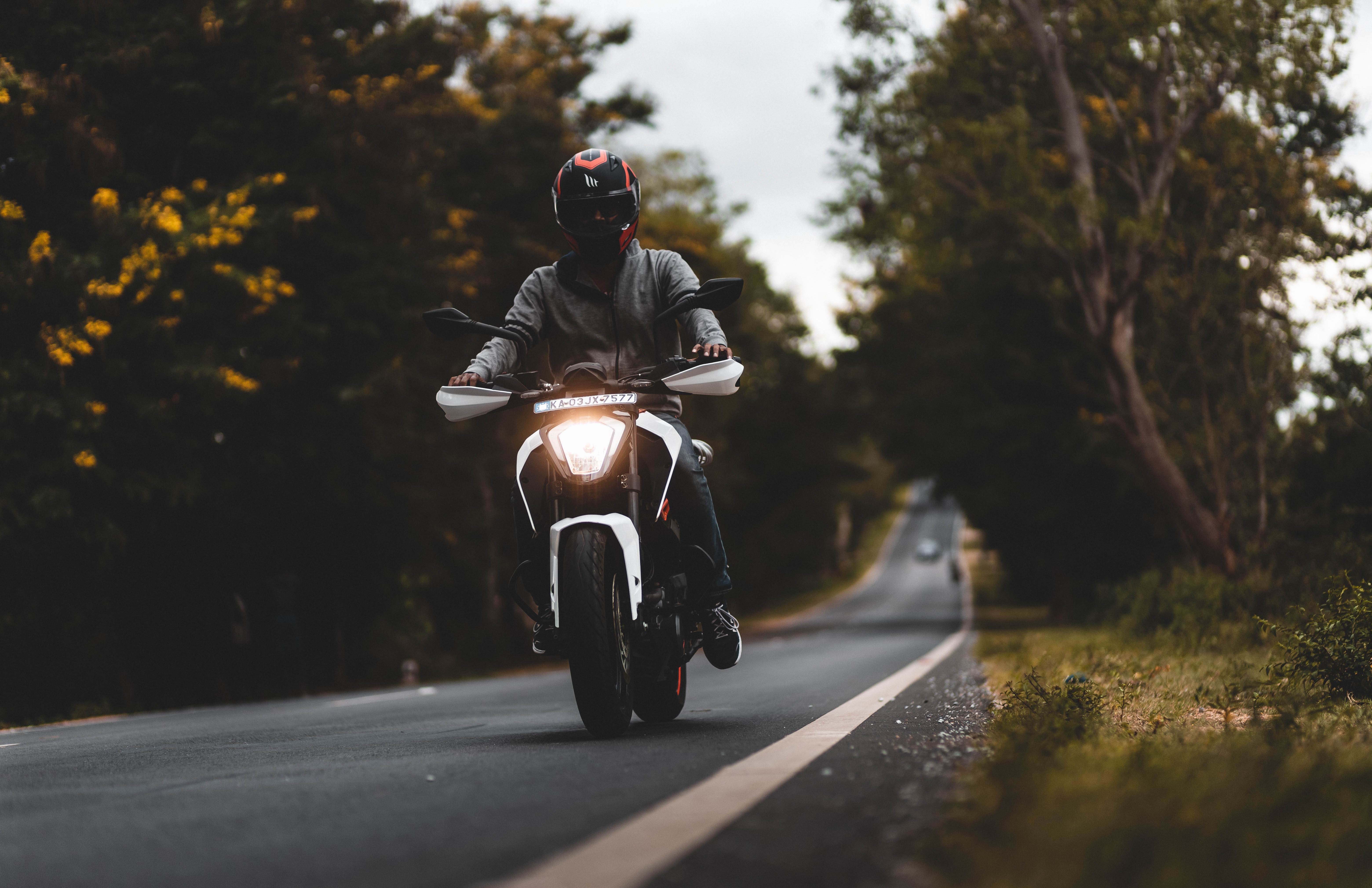 Download mobile wallpaper Motorcyclist, Trees, Road, Motorcycle, Motorcycles for free.