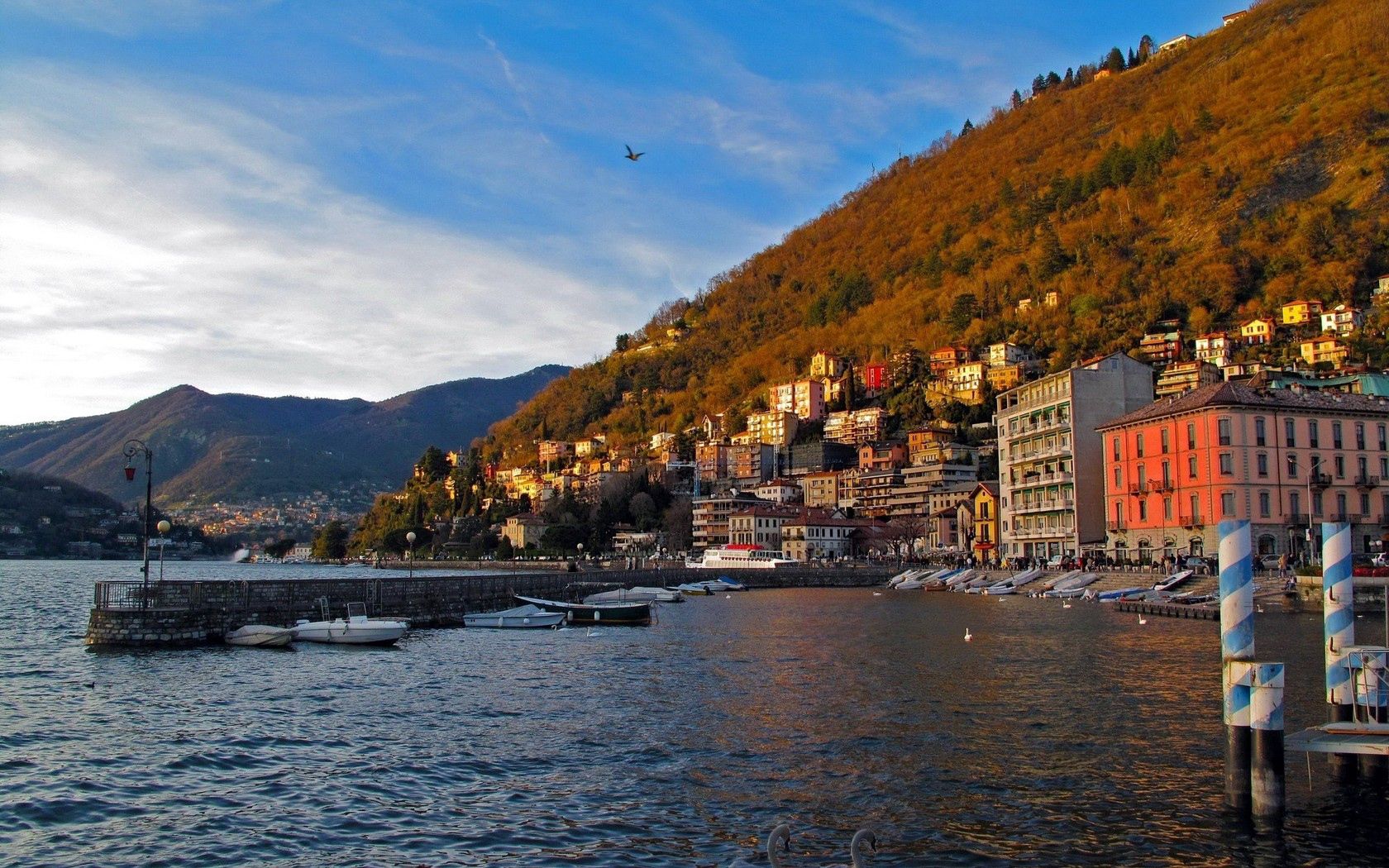cities, water, houses, sky, mountains, sea, italy, wharf, berth, embankment, quay, lombardy, como HD for desktop 1080p