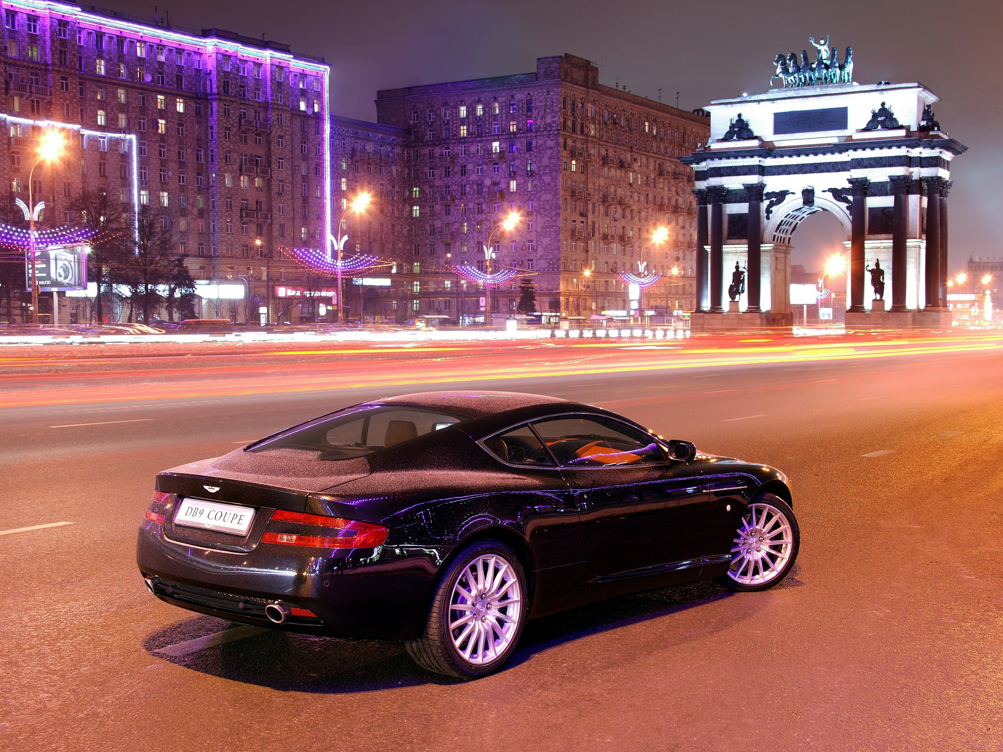 cars, black, auto, aston martin, city, building, lights, asphalt, side view, style, db9 2160p