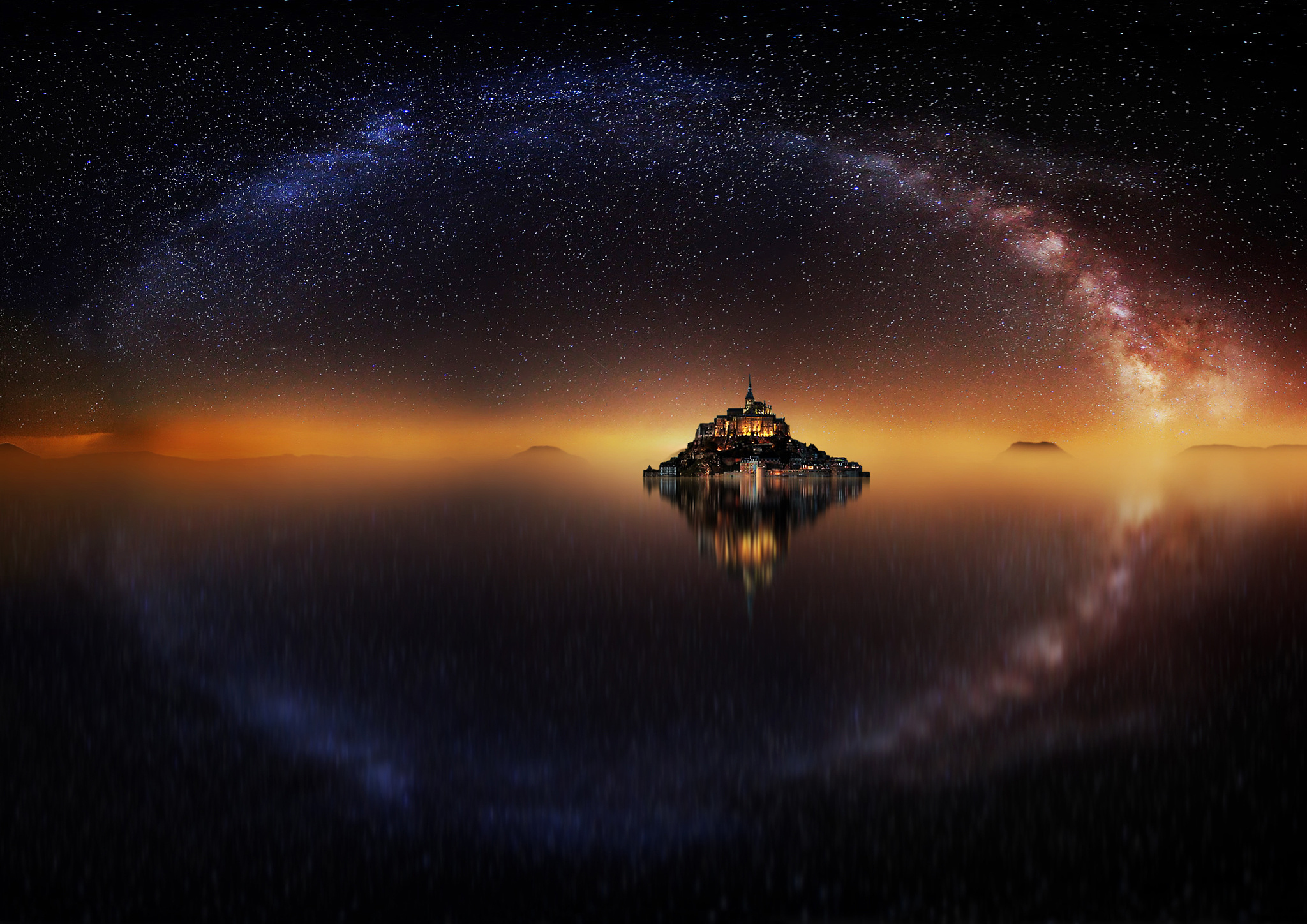 685189 Hintergrundbild herunterladen nacht, le mont saint michel, frankreich, science fiction, milchstraße, landschaft, sternenklarer himmel - Bildschirmschoner und Bilder kostenlos