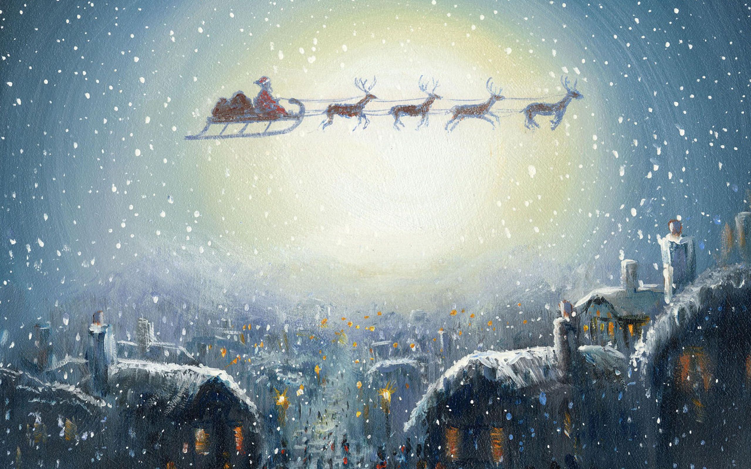 christmas, santa, holiday, painting, reindeer, sleigh HD wallpaper