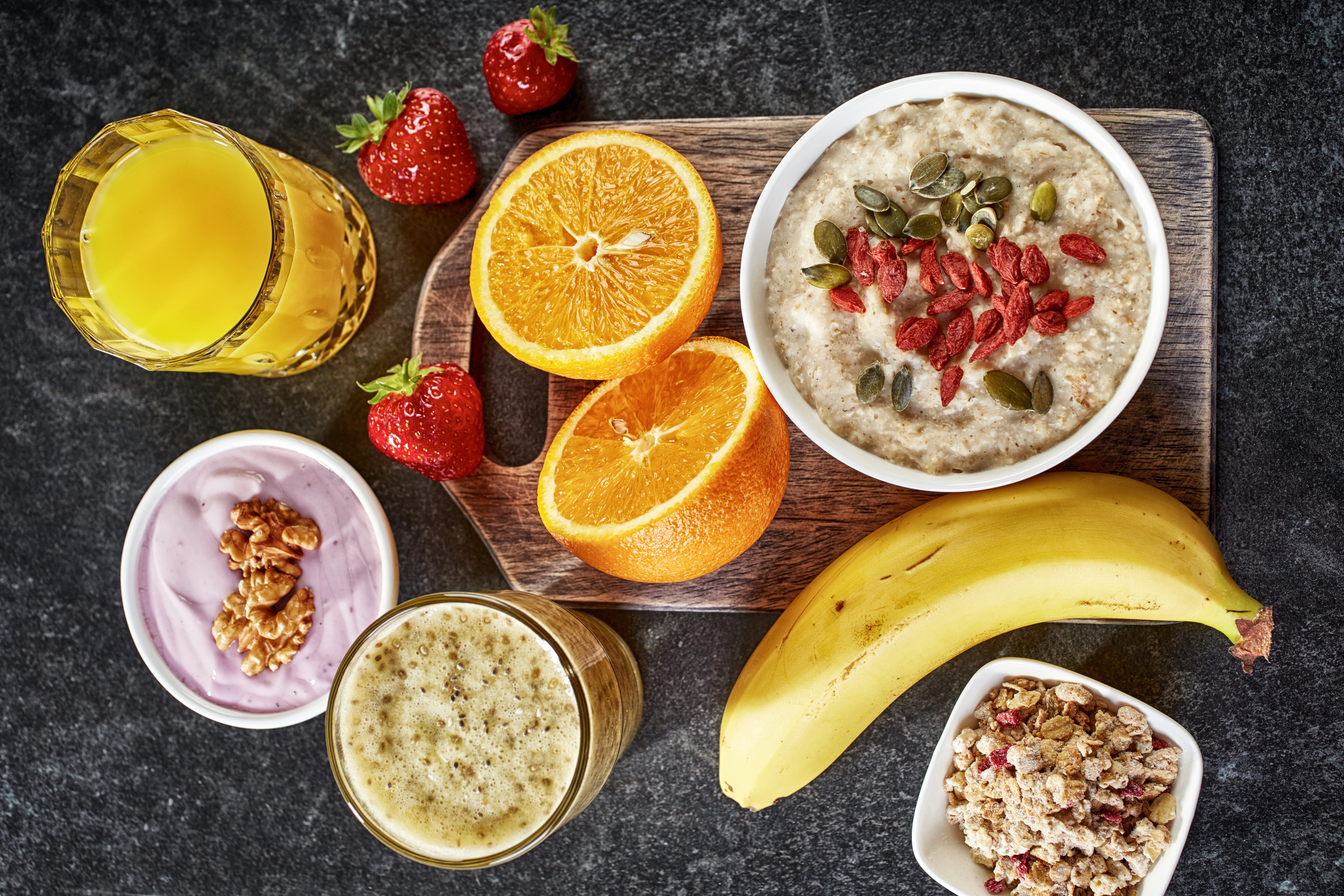 food, breakfast, fruit, juice, oatmeal, orange (fruit), still life, strawberry High Definition image