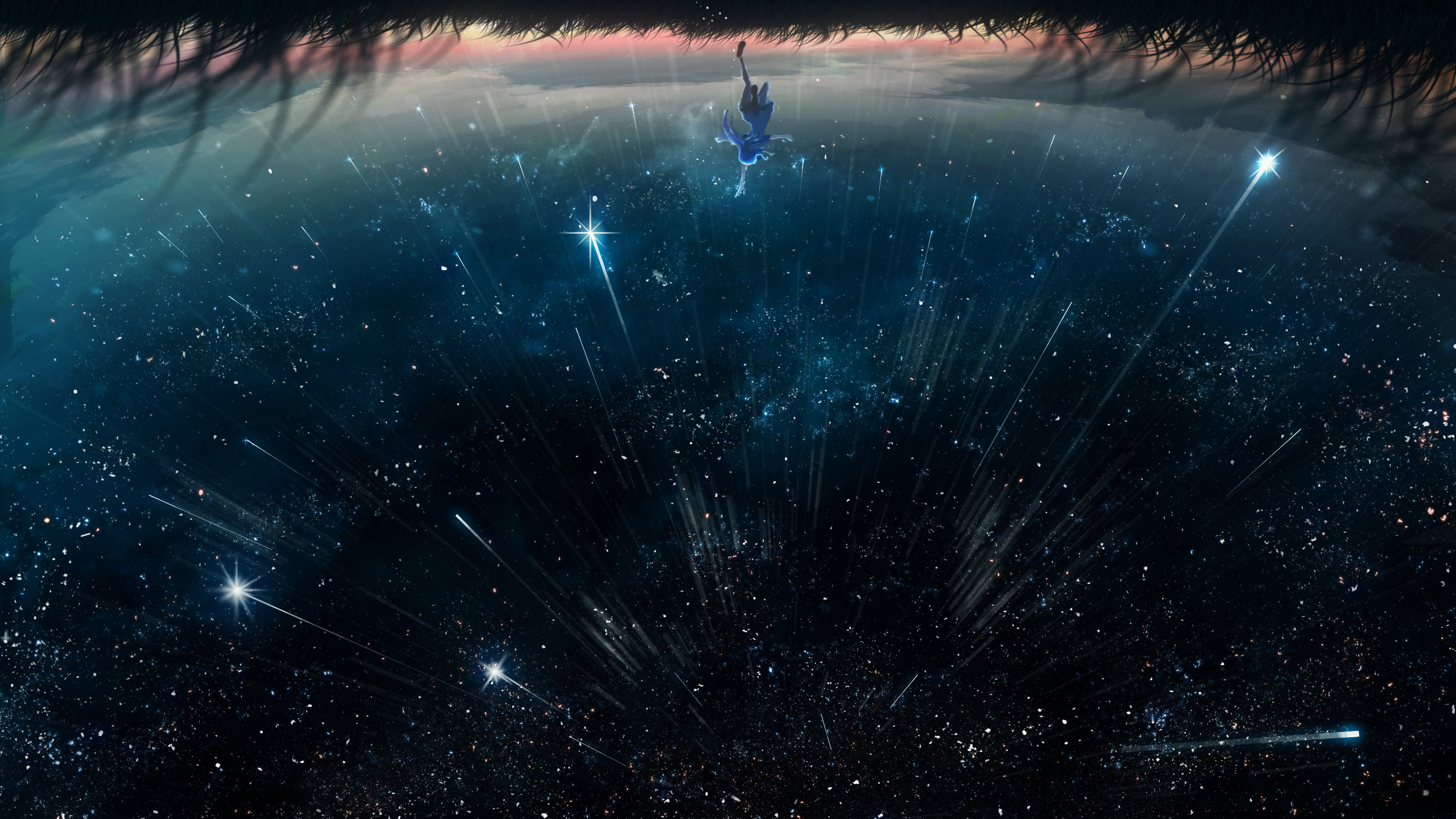 anime, original, grass, shooting star, starry sky Panoramic Wallpaper