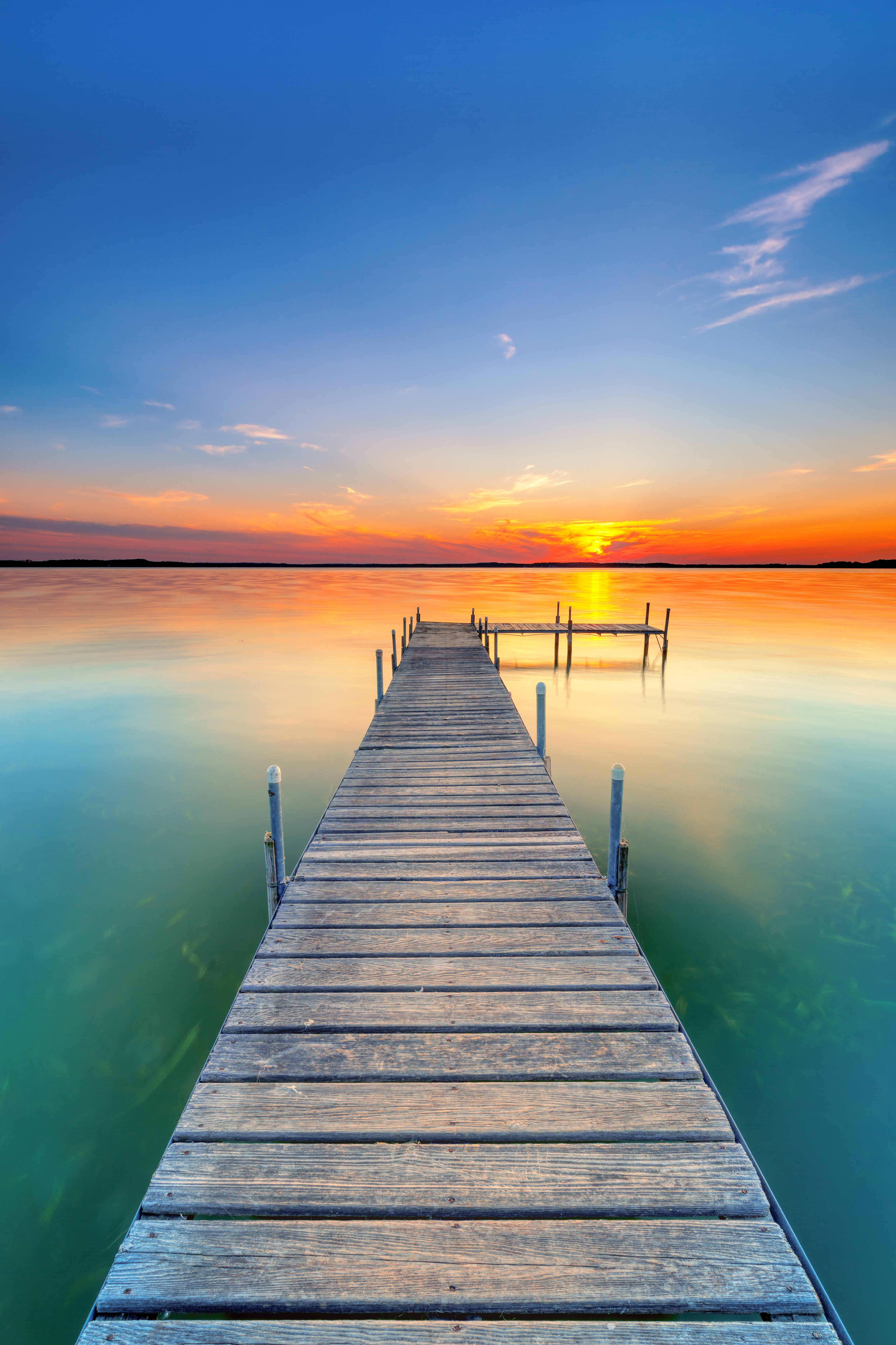 water, nature, horizon, pier, sunset, lake wallpaper for mobile