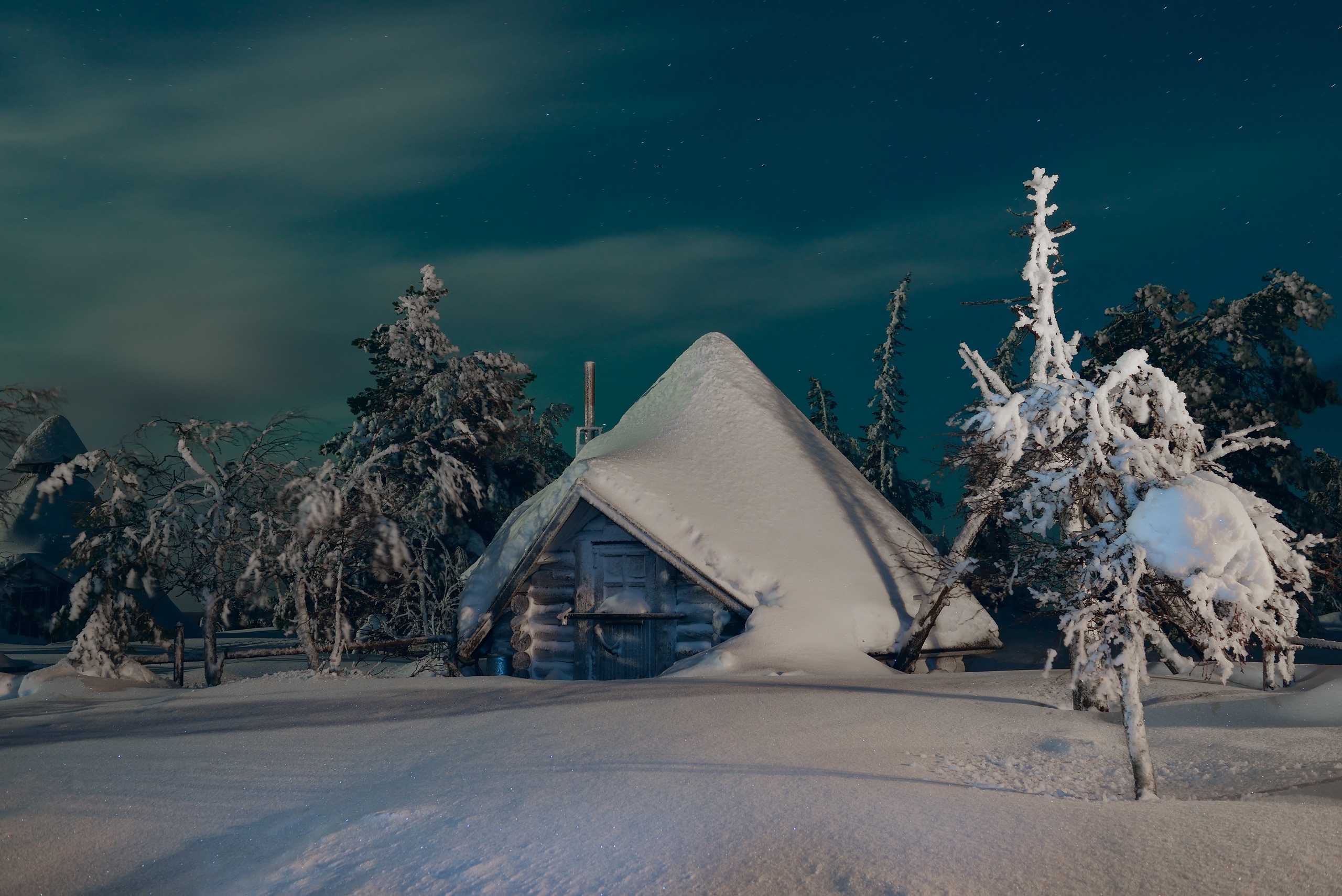 finland, man made, cabin, nature, night, snow, winter
